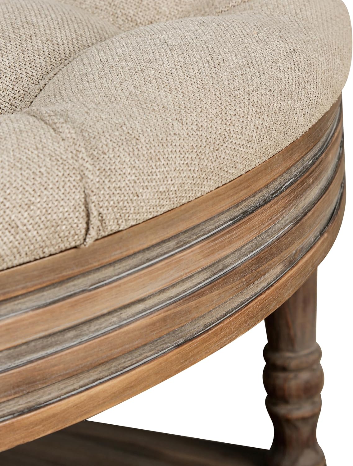 31.49'' Round Coffee Table with Storage Space, 2-Tier Modern Wood Circle Coffee Table for Living Room, Moveable Table Top & Easy Assembly & Waterproof Upholstered Linen, Khaki & Wood
