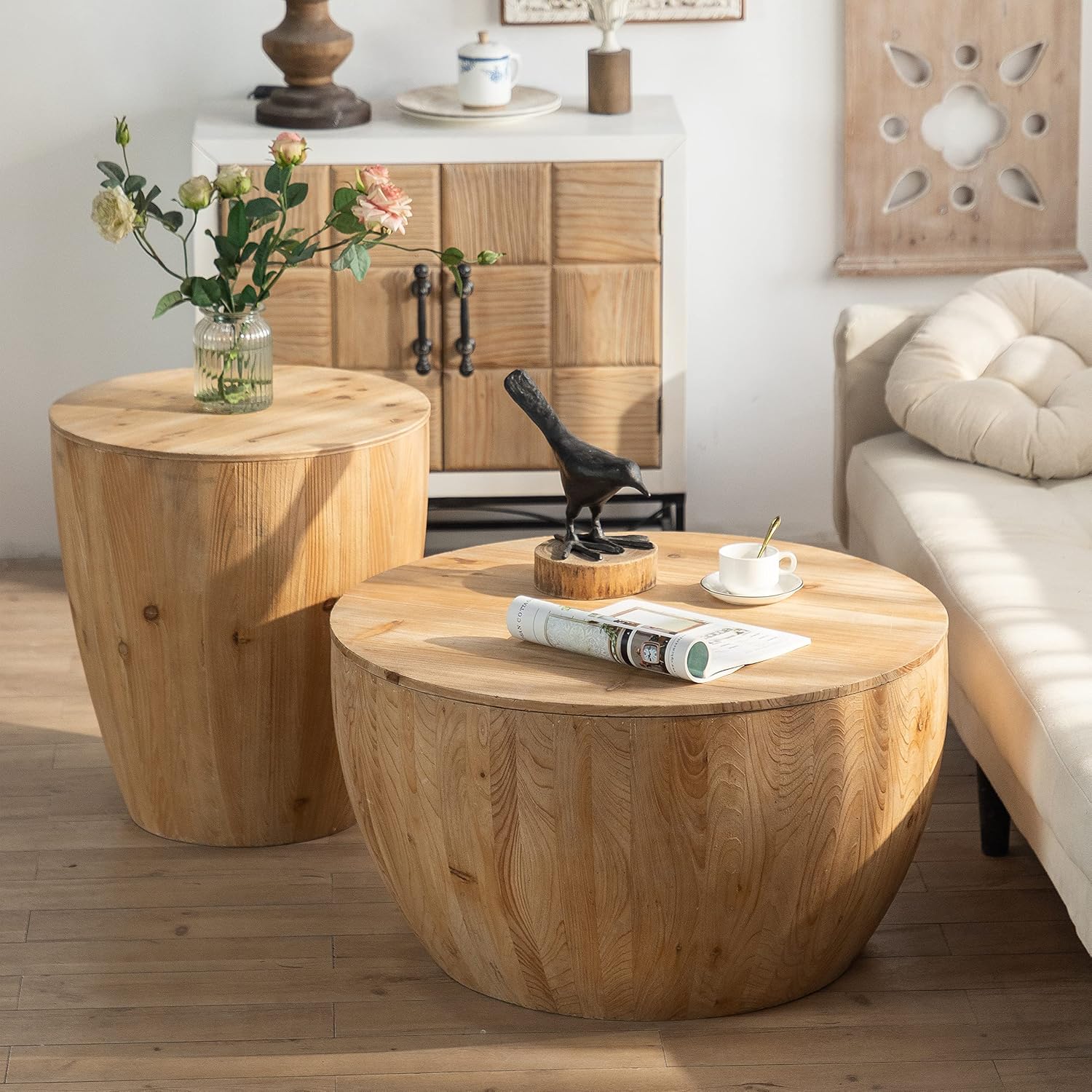 31.5'' Round Wood Coffee Table with Storage for Living Room, Modern Retro Farmhouse Bucket Shaped Drum Coffee Table for Living Room Apartment Bedroom, (ø31.5'' x 17.7'')