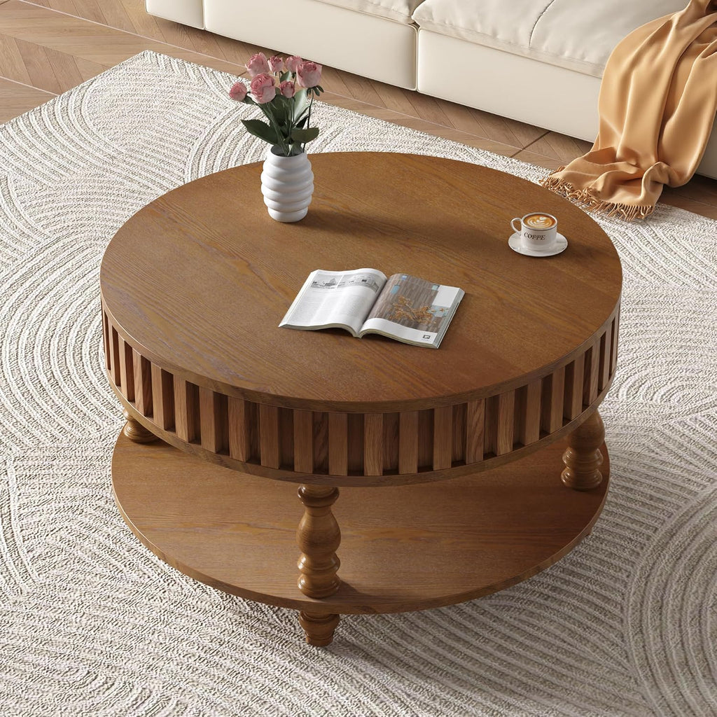 31.49'' Round Coffee Table with Storage Space, 2-Tier Modern Rustic Wood Circle Fluted Coffee Table for Living Room, Moveable Table Top & Easy Assembly, Walnut