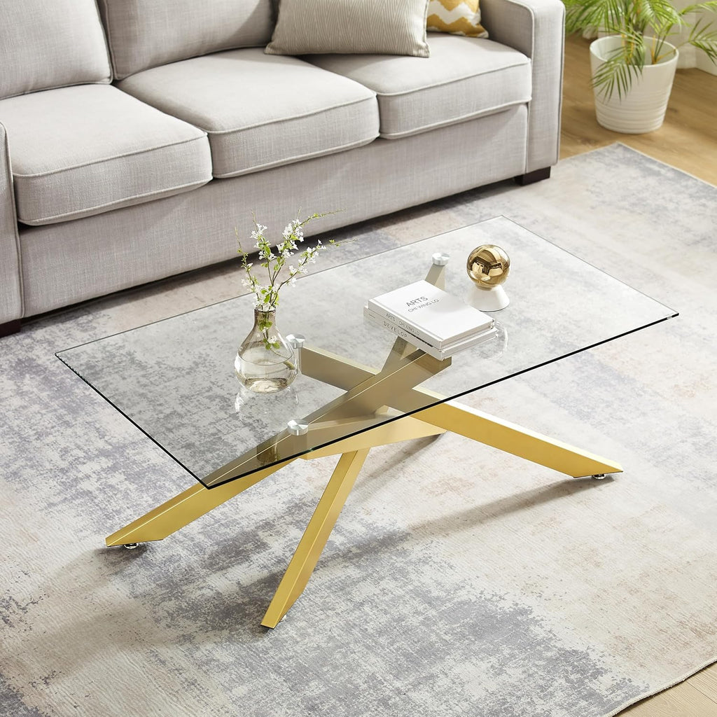 Gold Coffee Table for Living Room, Modern Glass Coffee Table with 47' Tempered Glass Top and Metal Tubular Legs for Small Space, Apartment, Office