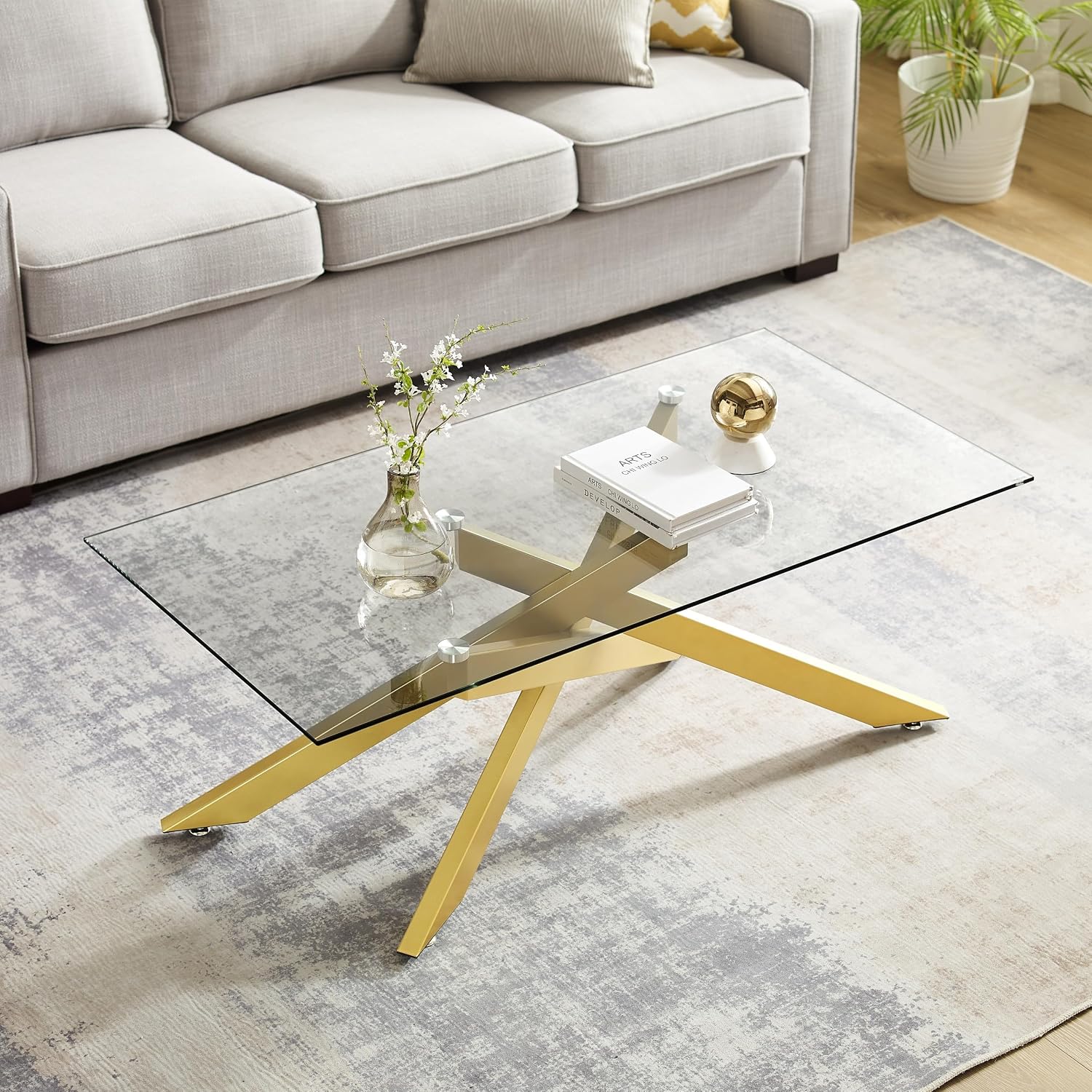 Gold Coffee Table for Living Room, Modern Glass Coffee Table with 47' Tempered Glass Top and Metal Tubular Legs for Small Space, Apartment, Office