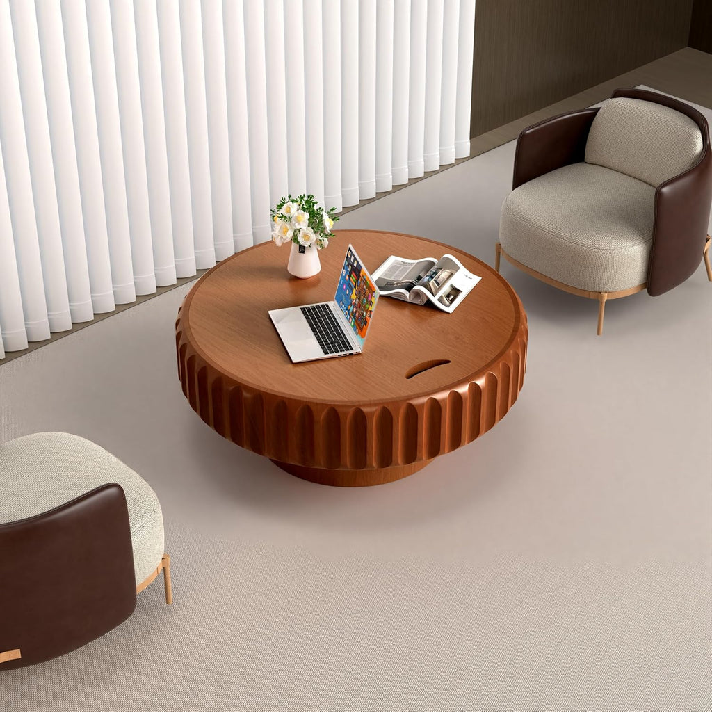 39.37'' Round Drum Coffee Table with Hidden Storage, Modern Fluted Coffee Tables with Solid Wood Veneer, Wooden Circle Center Table for Living Room, Small Spaces, and Apartments, Easy Assembly
