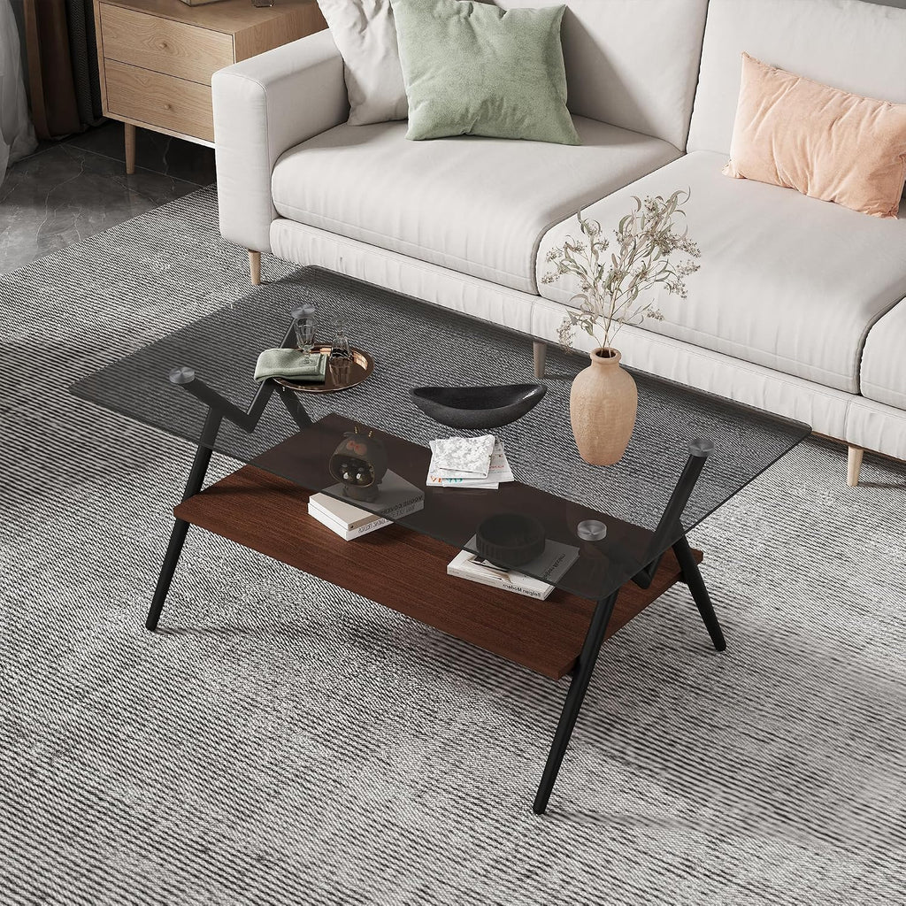 Grey Glass Coffee Table Sets of 3 Modern Living Room Table Set End Tables with Black Metal Legs and Walnut Bottom Shelf, Center Cocktail Furniture (Grey Brown)