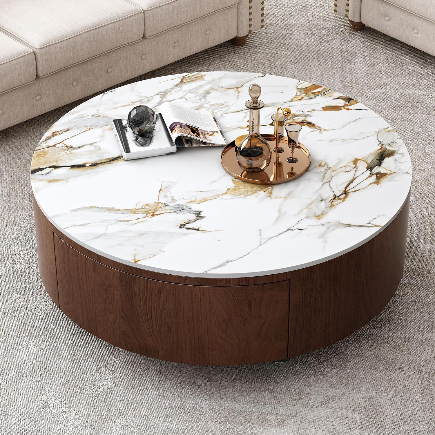 35.4'' Sintered Stone Round Coffee Table with 2 Drawer Storage Space, Modern Wood Circle Drum Coffee Table for Living Room, Stainless Legs, Brown & White
