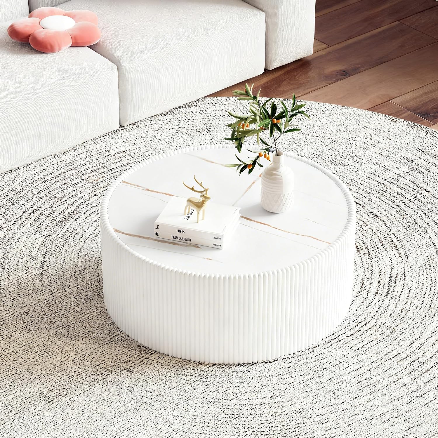 Modern Round Coffee Table Luxury Sintered Stone Top Coffee Table in White Leatherette Creative Drum-Shape Cocktail Center Table for Living Room Bedroom,Fully Assembled