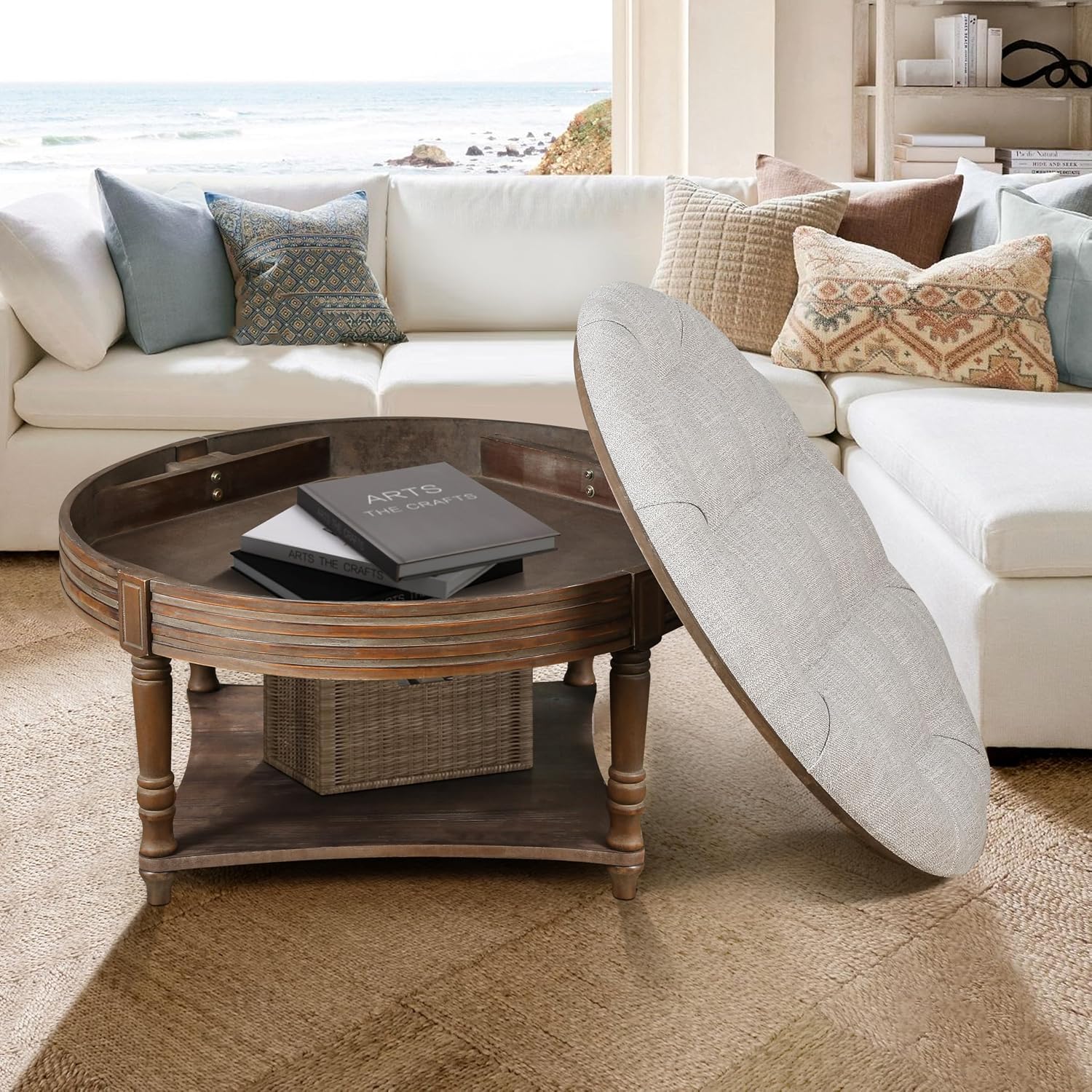 Large Round Storage Ottoman Coffee Table, 2 Tier Modern Upholstered Ottoman Footstool with Storage Shelf Tufted Linen Farmhouse Circle Coffee Table for Living Room (Grey)