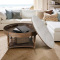 31.49'' Round Coffee Table with Storage Space, 2-Tier Modern Wood Circle Coffee Table for Living Room, Moveable Table Top & Easy Assembly & Waterproof Upholstered Linen, Light Gray & Wood