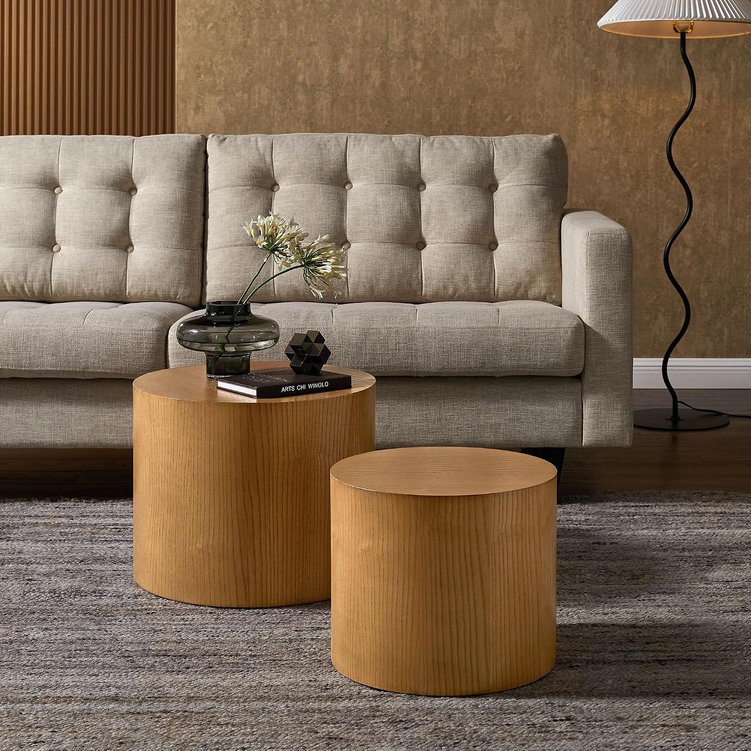 Modway Amani Nesting Coffee Table Set of 2 in Natural - Modern Round Drum Tables - Stackable End Tables for Small Spaces - Circle Side Table Set for Living Room