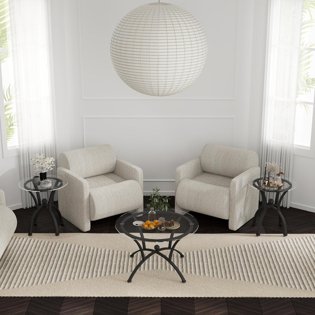 Glass Coffee Table Sets of 3 for Living Room,30' Mordern Round End Tables,Tempered Glass Top with Rustic Black Metal Frame, Sturdy Nesting End Tables