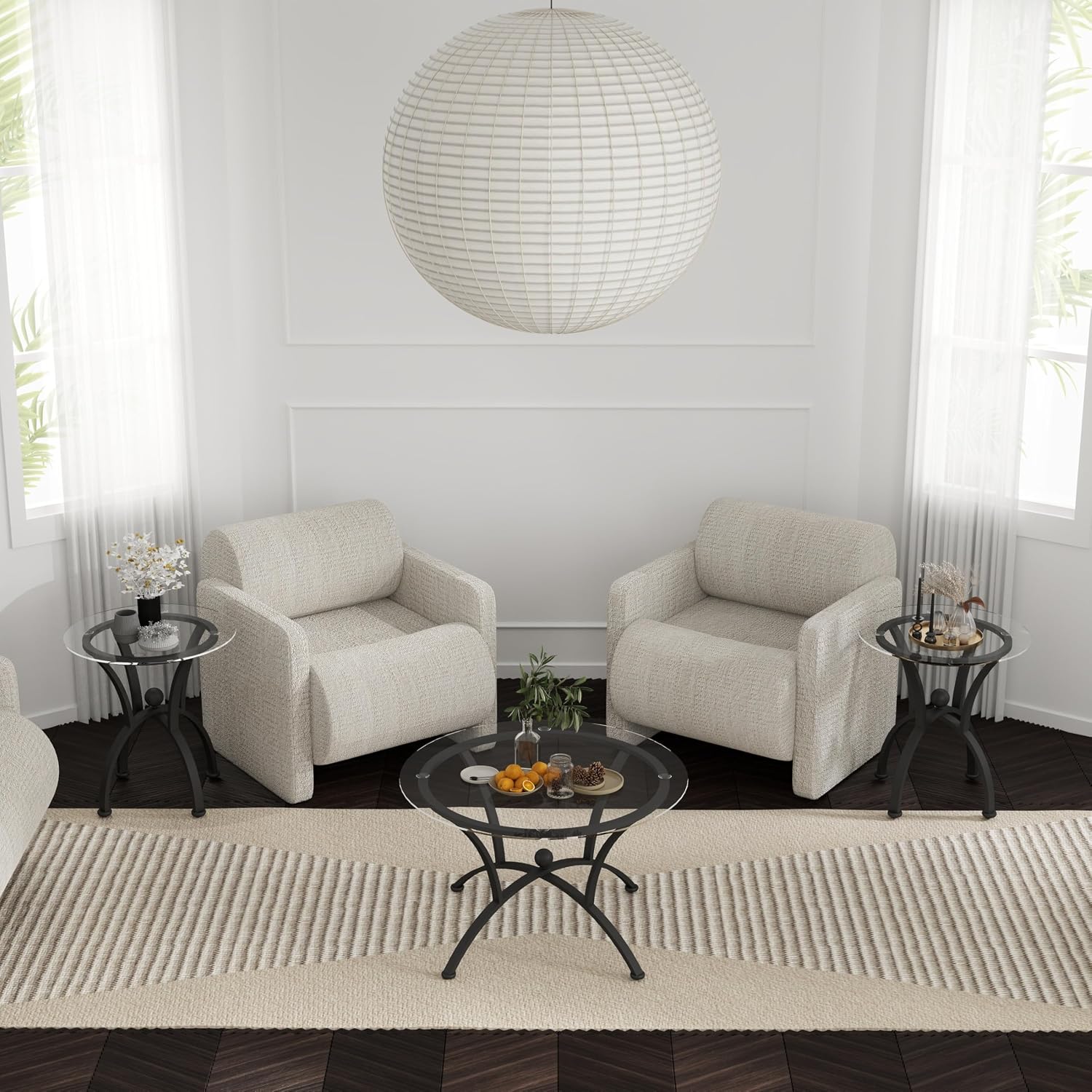 Glass Coffee Table Sets of 3 for Living Room,30' Mordern Round End Tables,Tempered Glass Top with Rustic Black Metal Frame, Sturdy Nesting End Tables