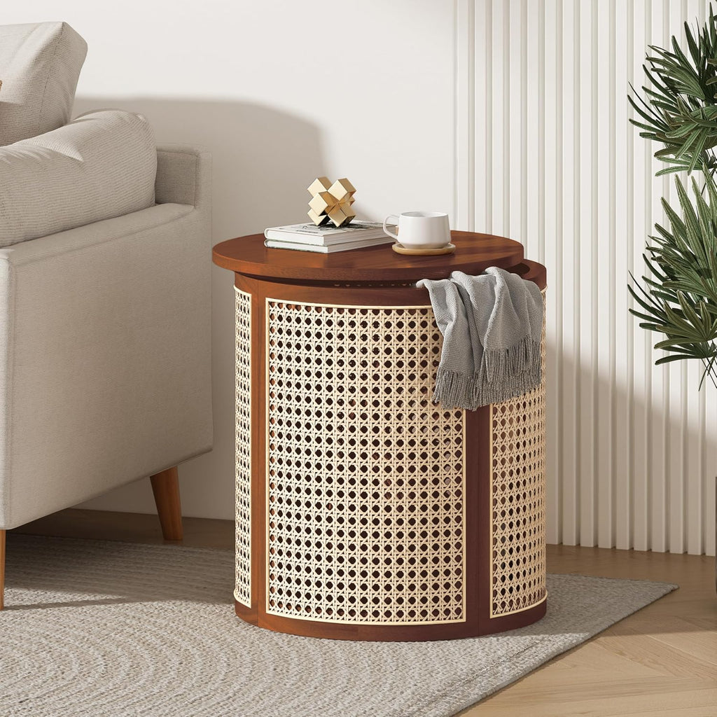 Christopher Knight Home Aurl Lift Top Round End Table with Storage, Modern Side Table with Woven Rattan Details, Wooden Small Coffee Table for Living Room, Round Storage Ottoman, Dark Brown