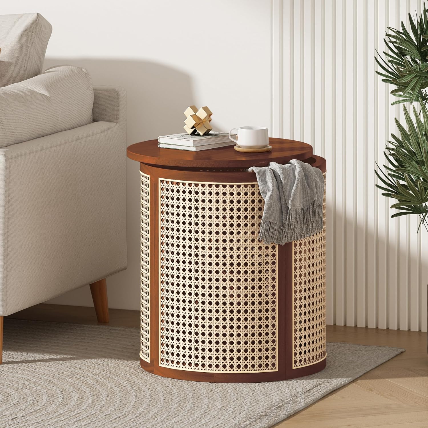 Christopher Knight Home Aurl Lift Top Round End Table with Storage, Modern Side Table with Woven Rattan Details, Wooden Small Coffee Table for Living Room, Round Storage Ottoman, Dark Brown