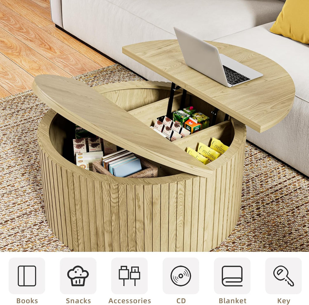 Fsbecl Round Lift Top Coffee Table with Storage, 31.6'' Modern Coffee Tables for Living Room, Fluted Wood Center Table for Office, Small Space (Wood Color)
