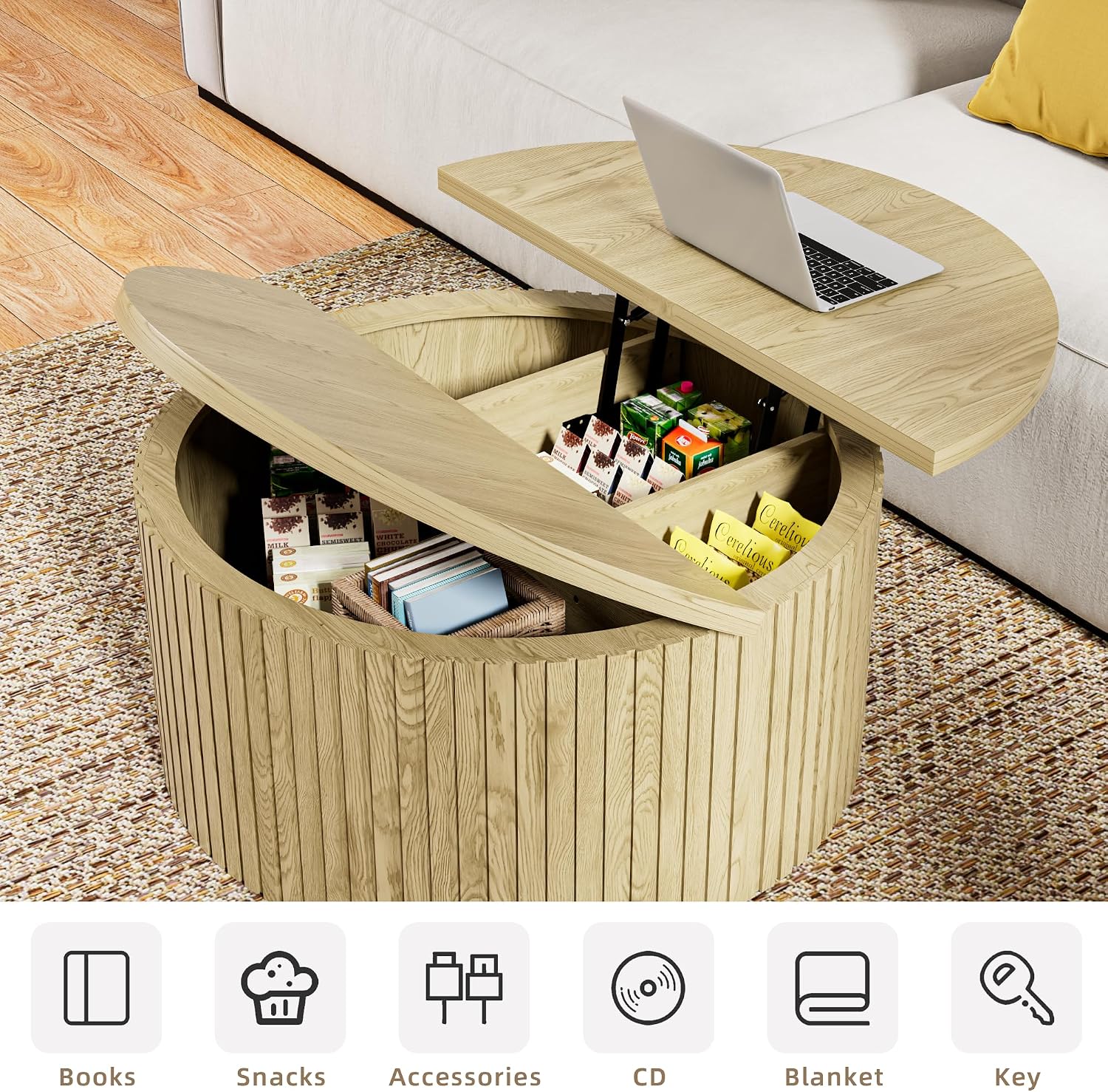 Fsbecl Round Lift Top Coffee Table with Storage, 31.6'' Modern Coffee Tables for Living Room, Fluted Wood Center Table for Office, Small Space (Wood Color)