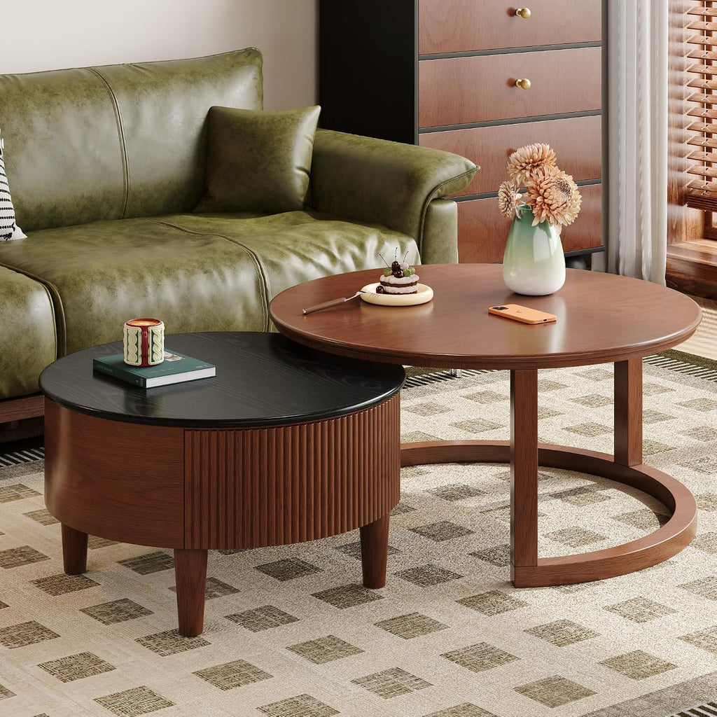 31.5' Vintage Round Nesting Coffee Table Fluted with Drawer,Black & Walnut