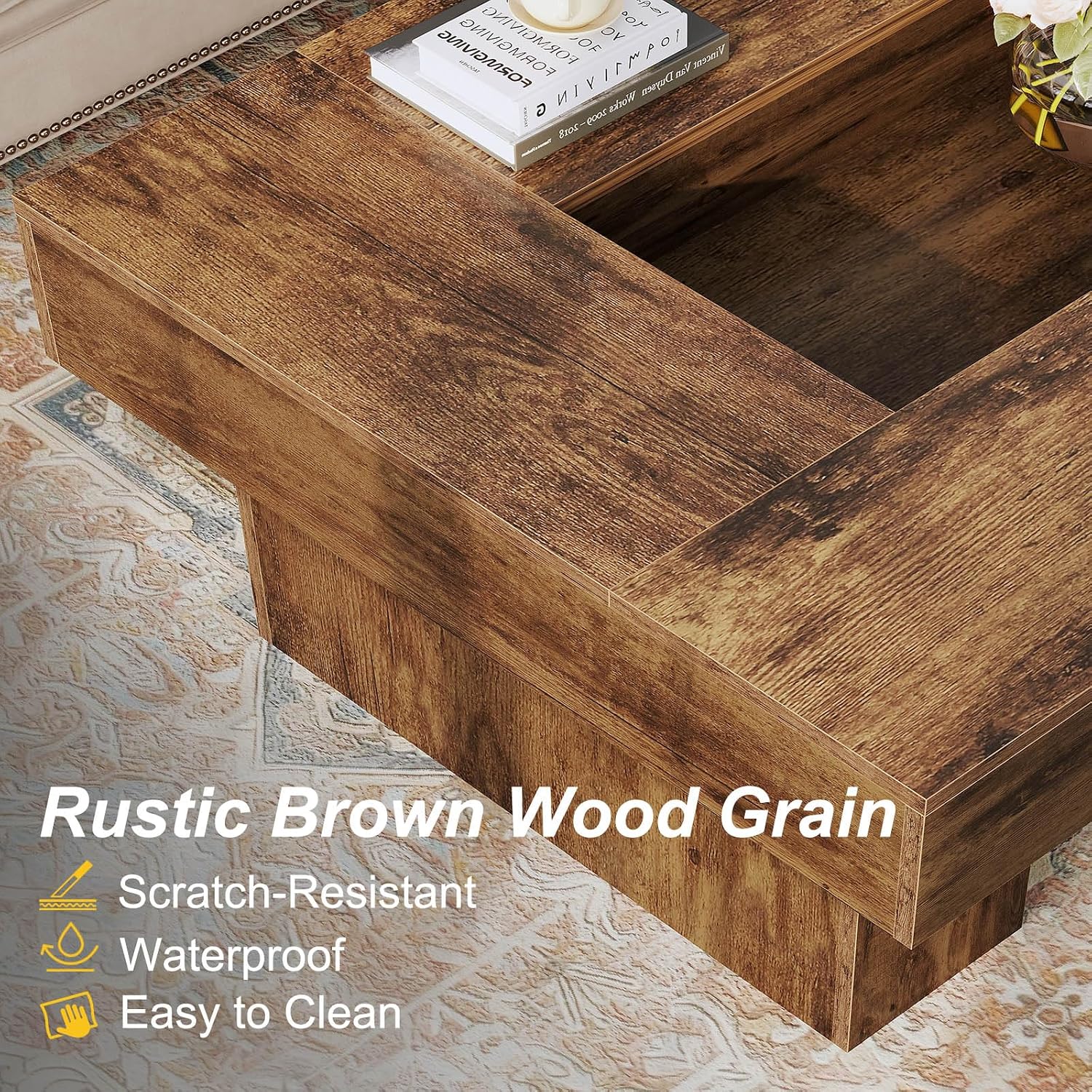 LVB Rustic Coffee Table, Large Wood Living Room Table with Storage, Modern Long Rectangle Led Center Table, Farmhouse Unique Low Wide Tea Table with LED Light for Home Office, 47.24 in, Rustic Brown