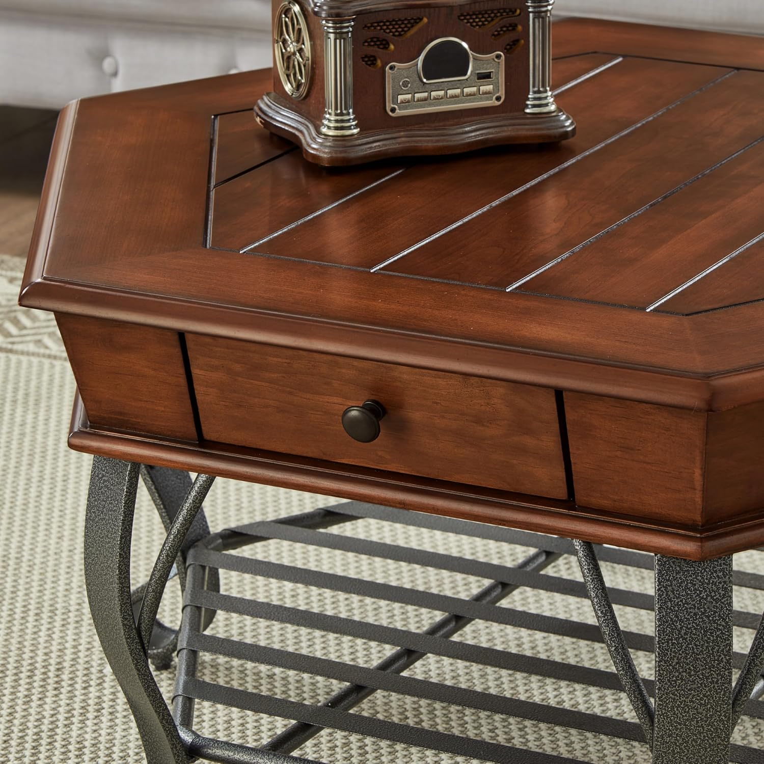 2 Tier Retro Hexagon Wood Coffee Table with Metal Leg, Farmhouse Mid-Century Coffee Table with Storage Shelf ＆ Drawer for Living Room(40' Dx40 Wx19 H)