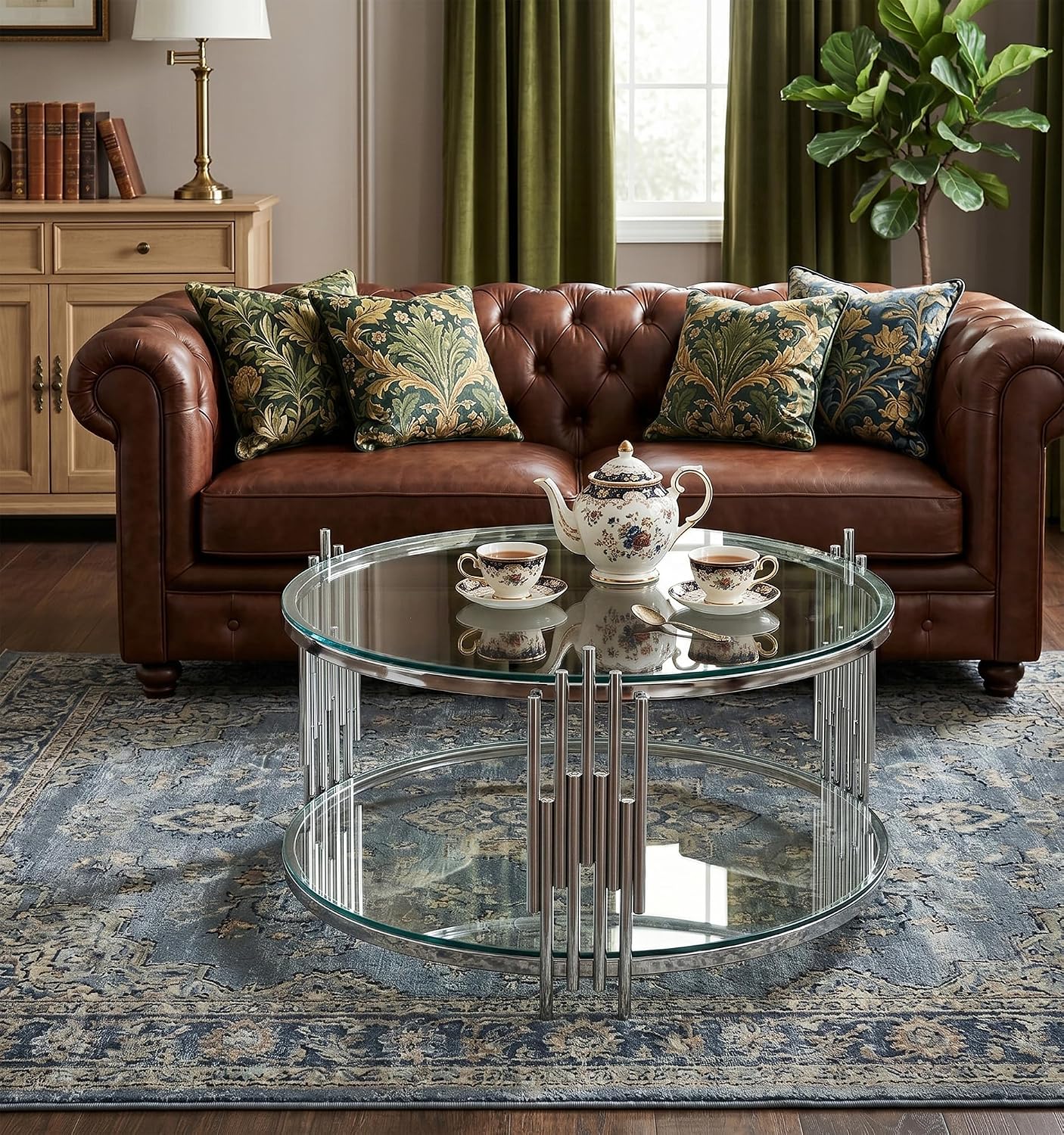 Round Glass Coffee Table with Storage, Luxury 2-Tier Living Room Center Table w/Silver Stainless Steel Frame, Modern 31.5' Circle Glass Coffee Cocktail Tea Table for Home Office