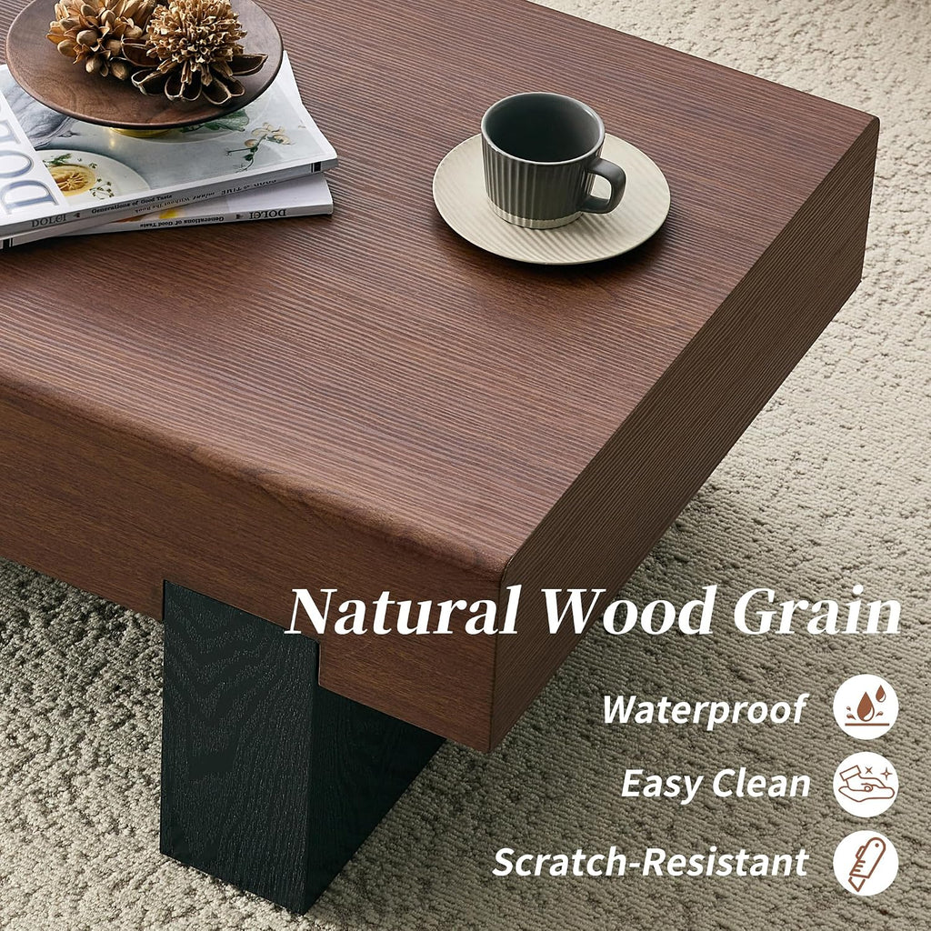 Walnut Wood Coffee Table with Storage Modern Small Coffee Table for Living Room Rectangle Farmhouse Center Table Thick Tabletop