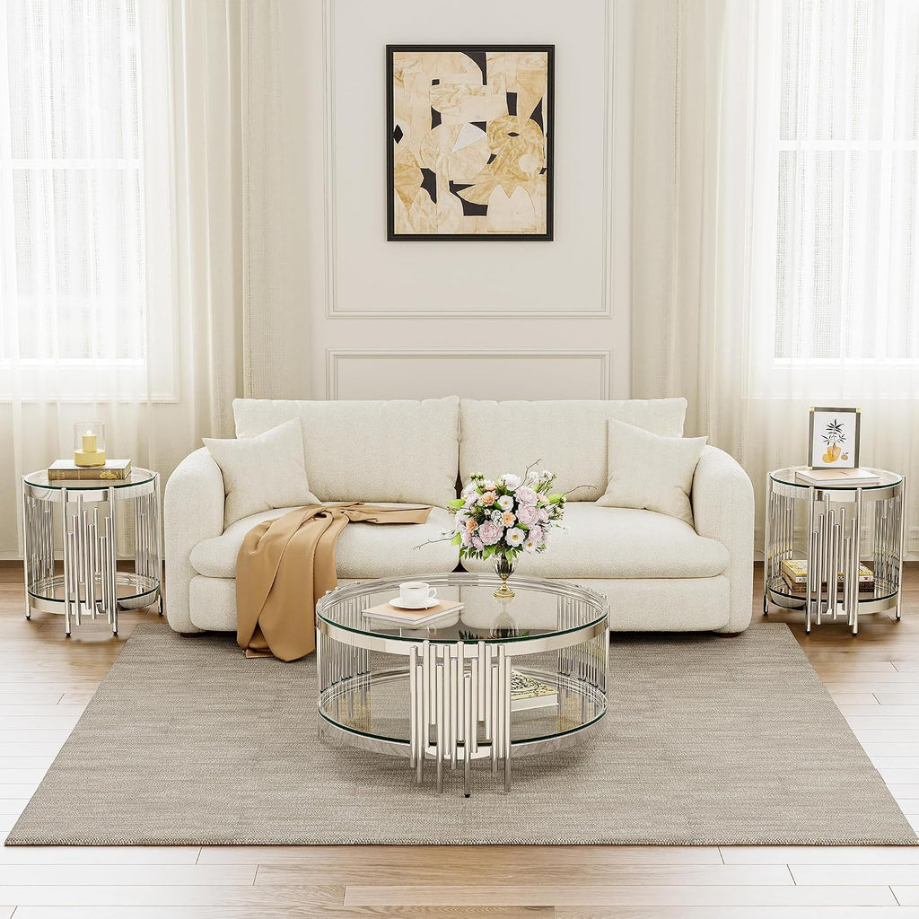 Round Glass Coffee Table Set of 2, 2-Tier Modern Living Room Table and End Table, Clear Tempered Glass Tabletop with Silver Mirrored Stainless Steel Table Base, for Living Room, Office, Bedroom