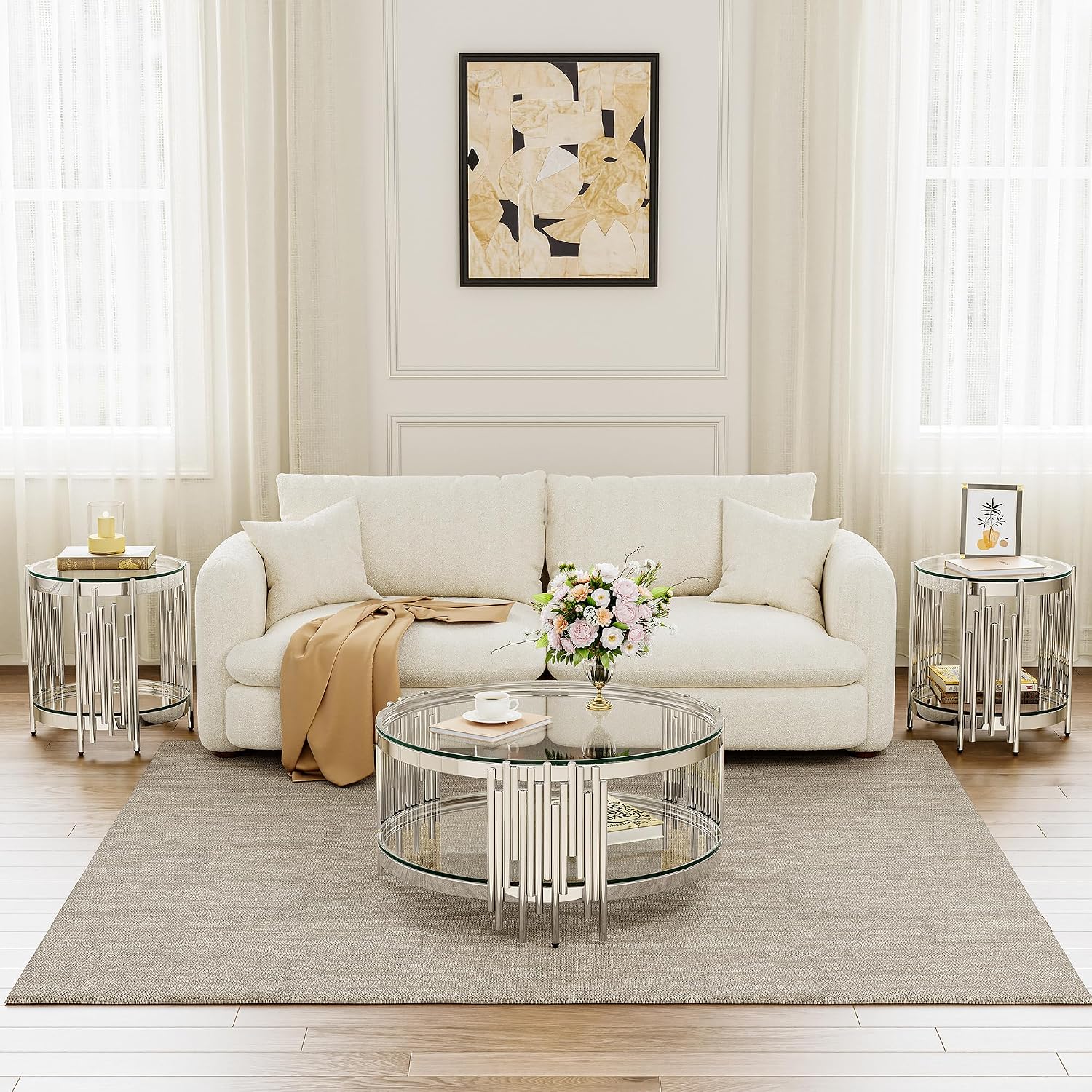 Round Glass Coffee Table Set of 2, 2-Tier Modern Living Room Table and End Table, Clear Tempered Glass Tabletop with Silver Mirrored Stainless Steel Table Base, for Living Room, Office, Bedroom