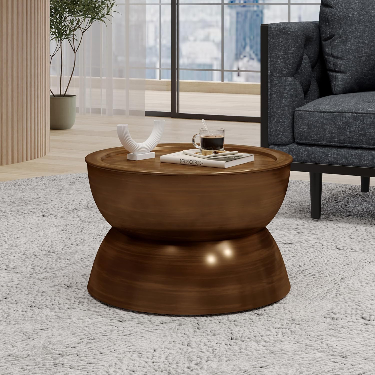 Merax Metal Hammered Coffee Table 24.25' Round Tabletop, Modern Iron Hourglass Coffee Table for Living Room, No Assembly Required, Bear 150lbs, Antique Bronze