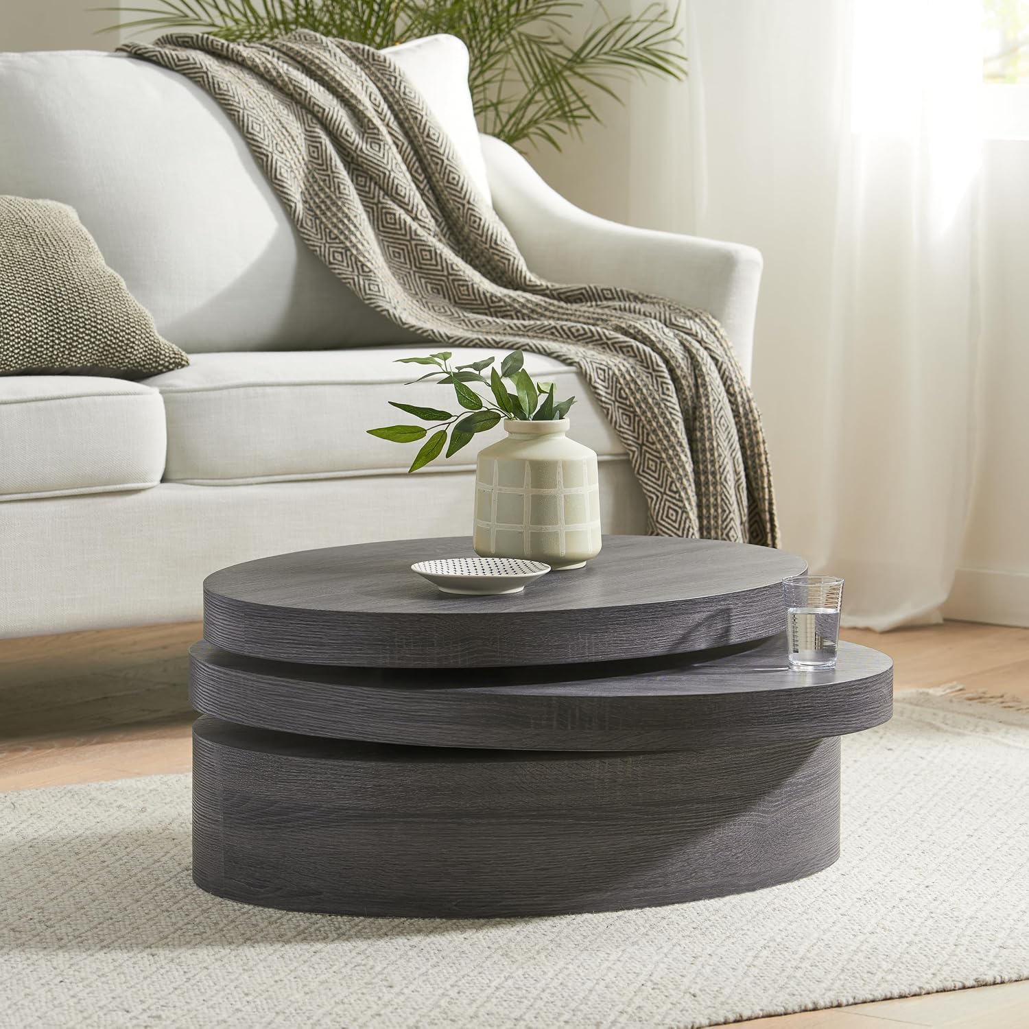 Round Oval Coffee Table Modern 3-Tier Rotatable Wood Coffee Table, Easy Assembly, Black (40.15 * 23.75 * 13in)