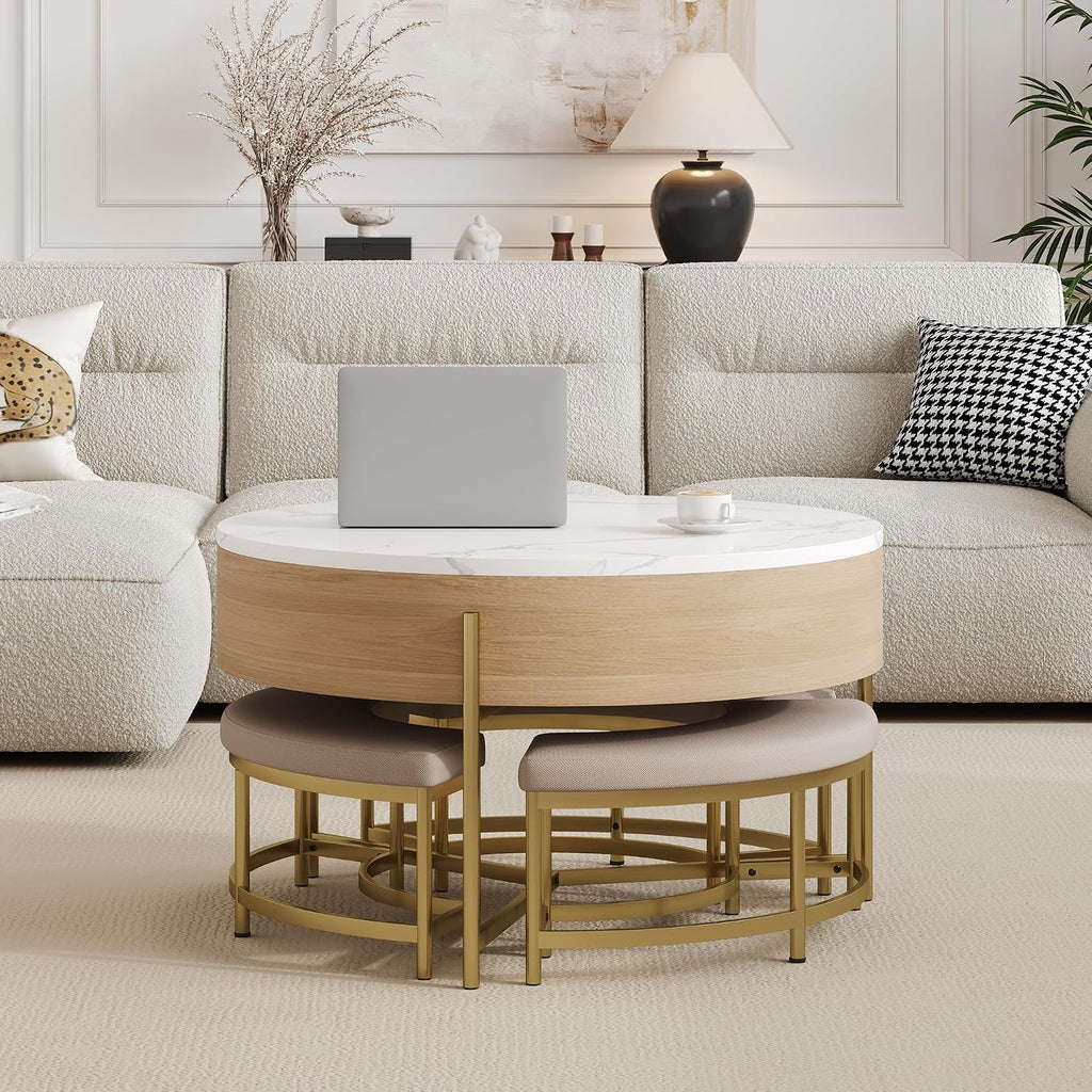 31.5' Modern Round Lift-Top Coffee Table with Storage & 3 Ottoman,White & Natural