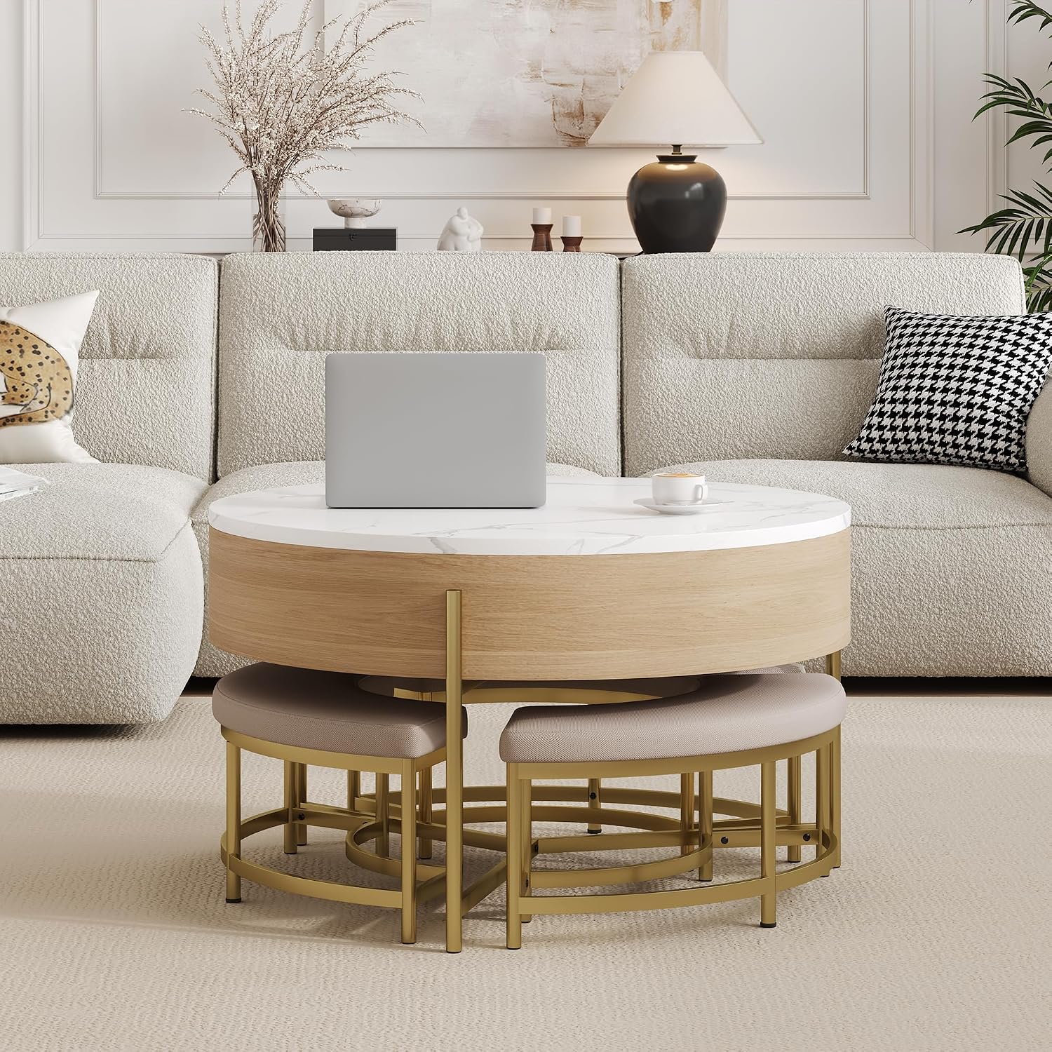 31.5' Modern Round Lift-Top Coffee Table with Storage & 3 Ottoman,White & Natural