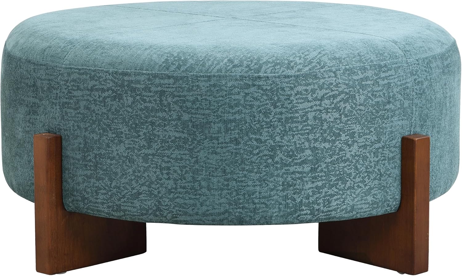 Christopher Knight Home Holmes Modern Chenille Upholstered Ottoman Coffee Table, Wooden Round Cocktail Ottoman, Large Living Room Sofa Footstool/Footrest, Teal Blue+Walnut