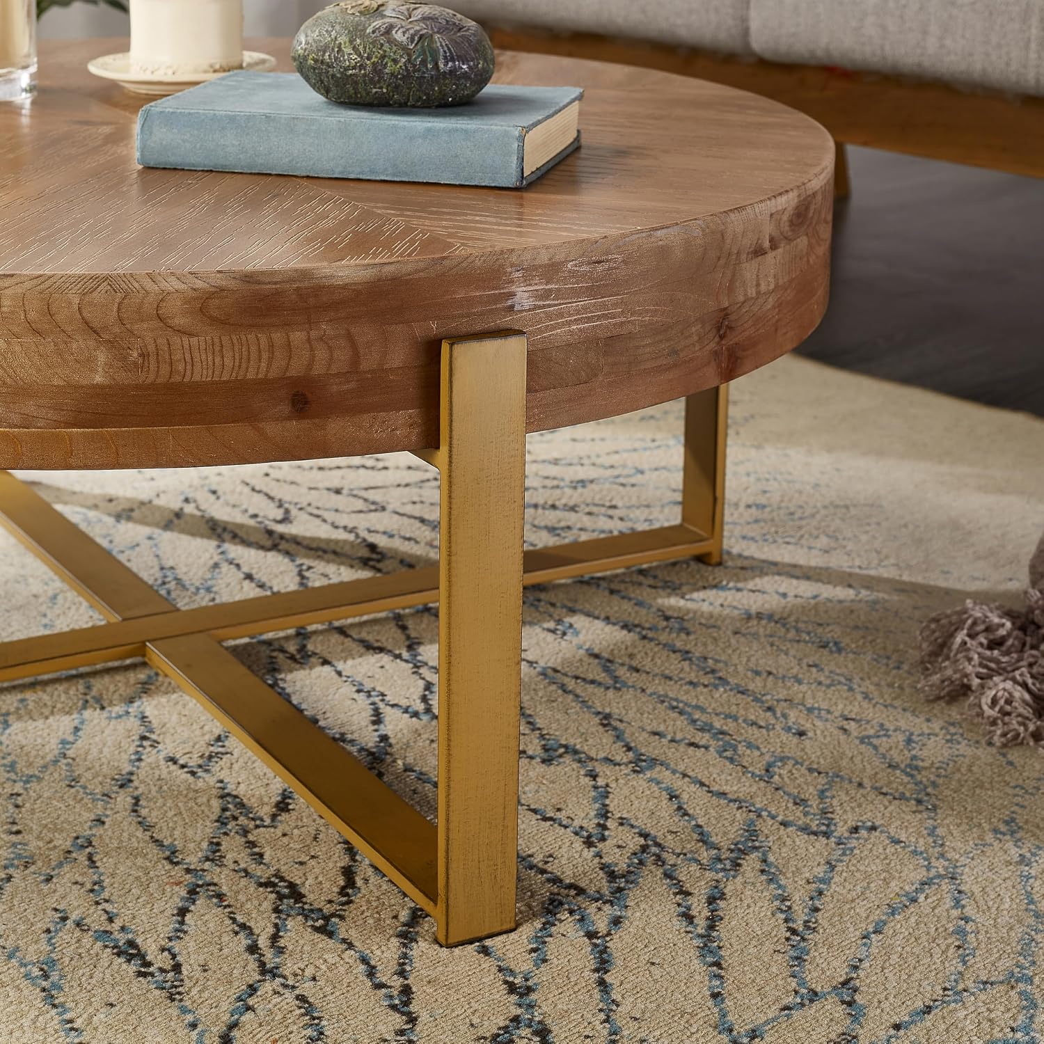 Round Wood Coffee Table for Living Room - Circle Wooden Coffee Table with Gold Metal Legs, Rustic, Vintage, Easy Assembly(Espresso,32.28' D x 32.28' W x 17.72' H)