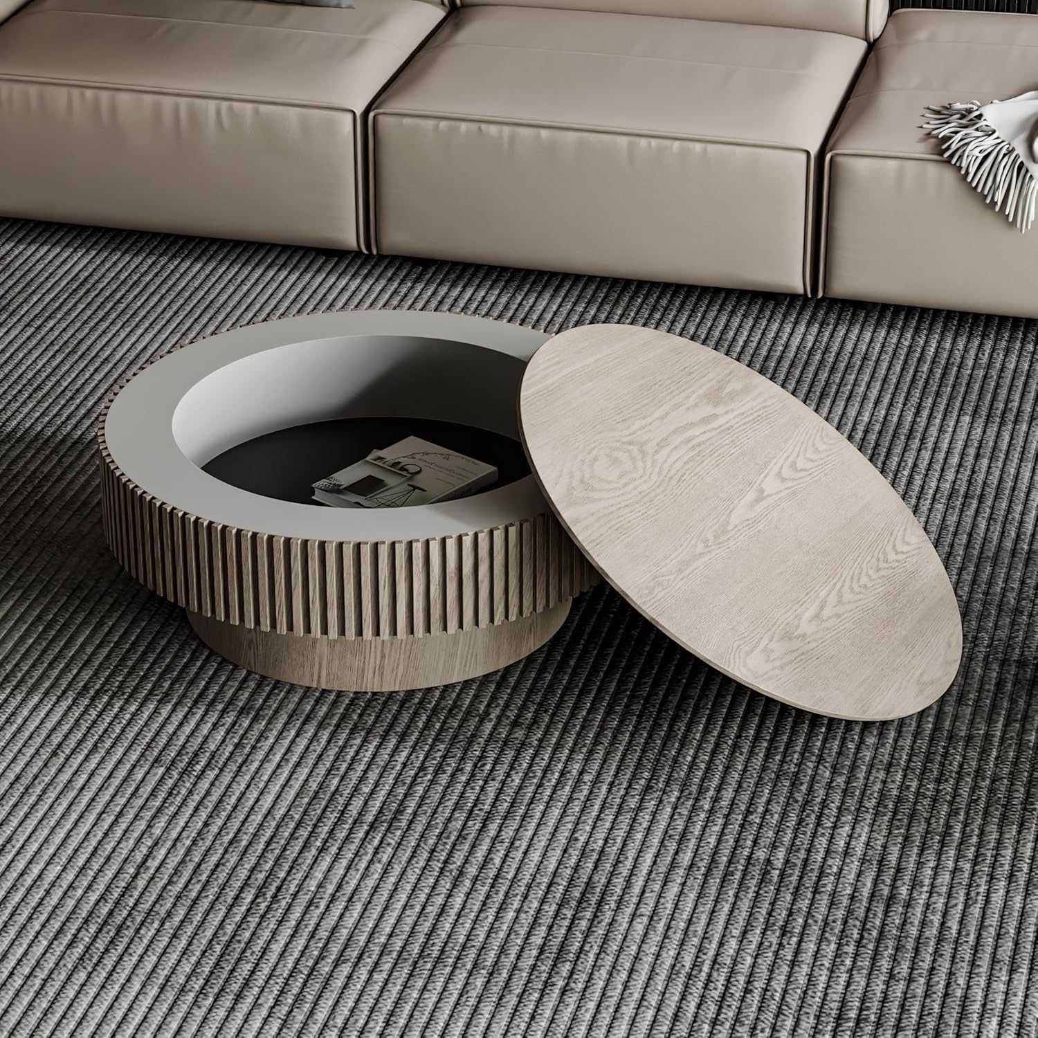 31.5' Round Coffee Table with Hidden Storage Compartment, Modern Handcraft Fluted Drum Coffee Table, Wooden Circle Center Table Cocktail Tea Table with Sturdy Pedestal for Living Room, Grey