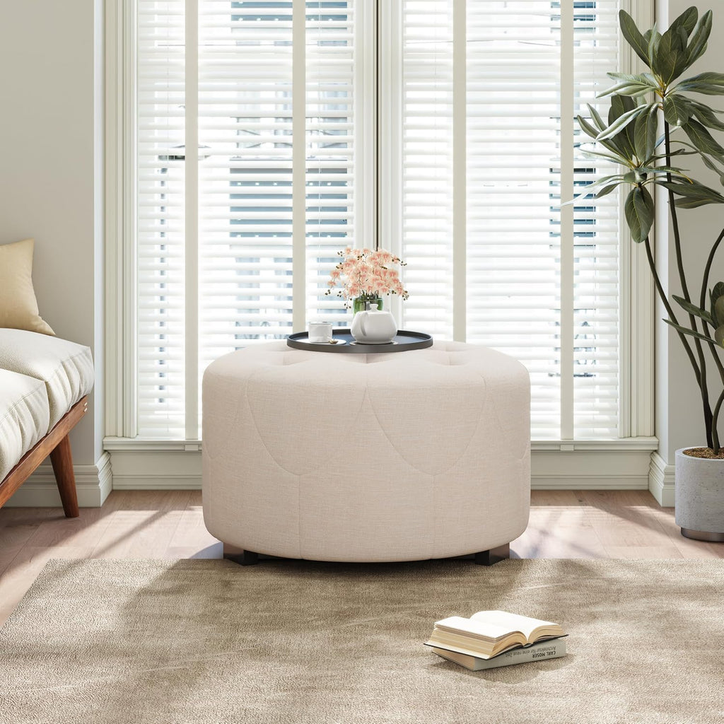 Christopher Knight Home York Linen Fabric Upholstered Ottoman, Wooden Round Ottoman Coffee Table, Modern Living Room Ottoman Foot Stool, Extra Seat Sofa Footrest, Beige
