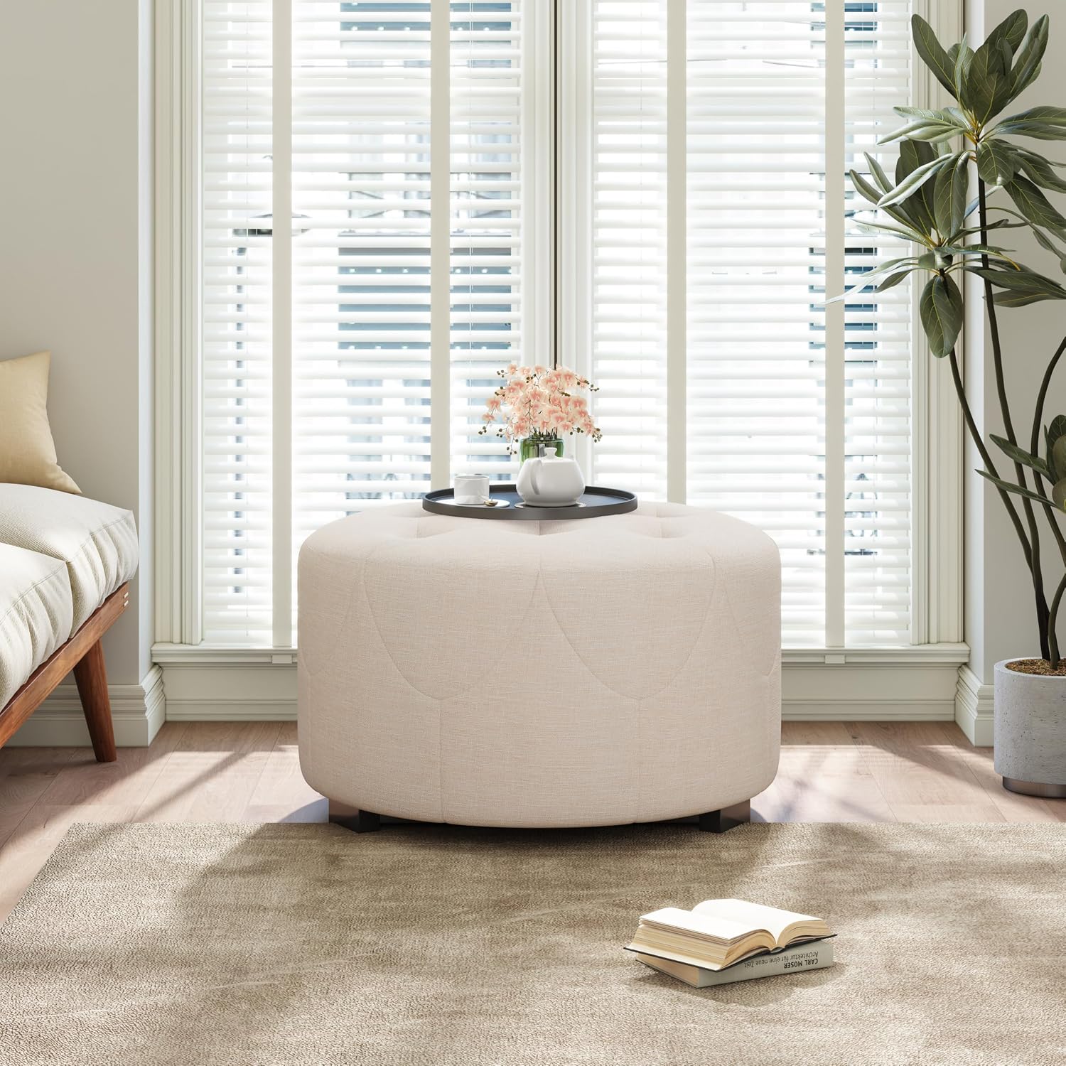 Christopher Knight Home York Linen Fabric Upholstered Ottoman, Wooden Round Ottoman Coffee Table, Modern Living Room Ottoman Foot Stool, Extra Seat Sofa Footrest, Beige