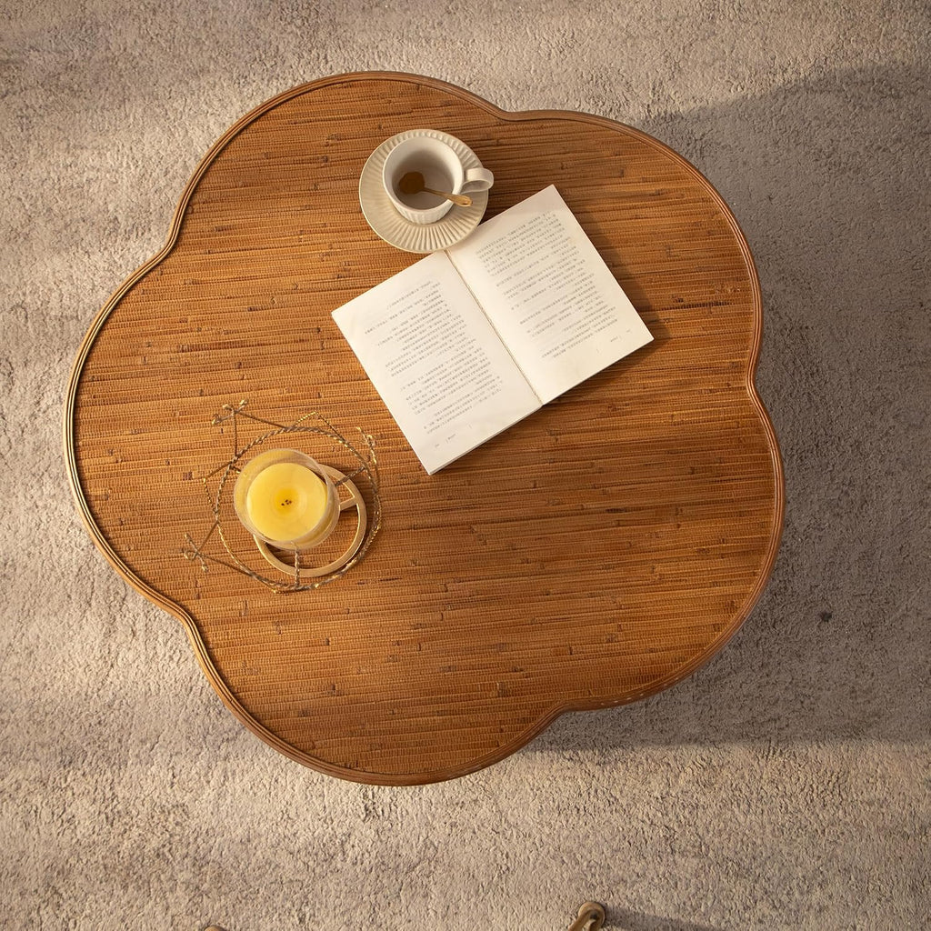 31.5'' Round Coffee Table with Lift-Off Lid Storage, Wood Circle Flower-Shaped Rattan Coffee Table for Living Room, Modern Boho Countryside Farmhouse Style, No Assembly, Natural