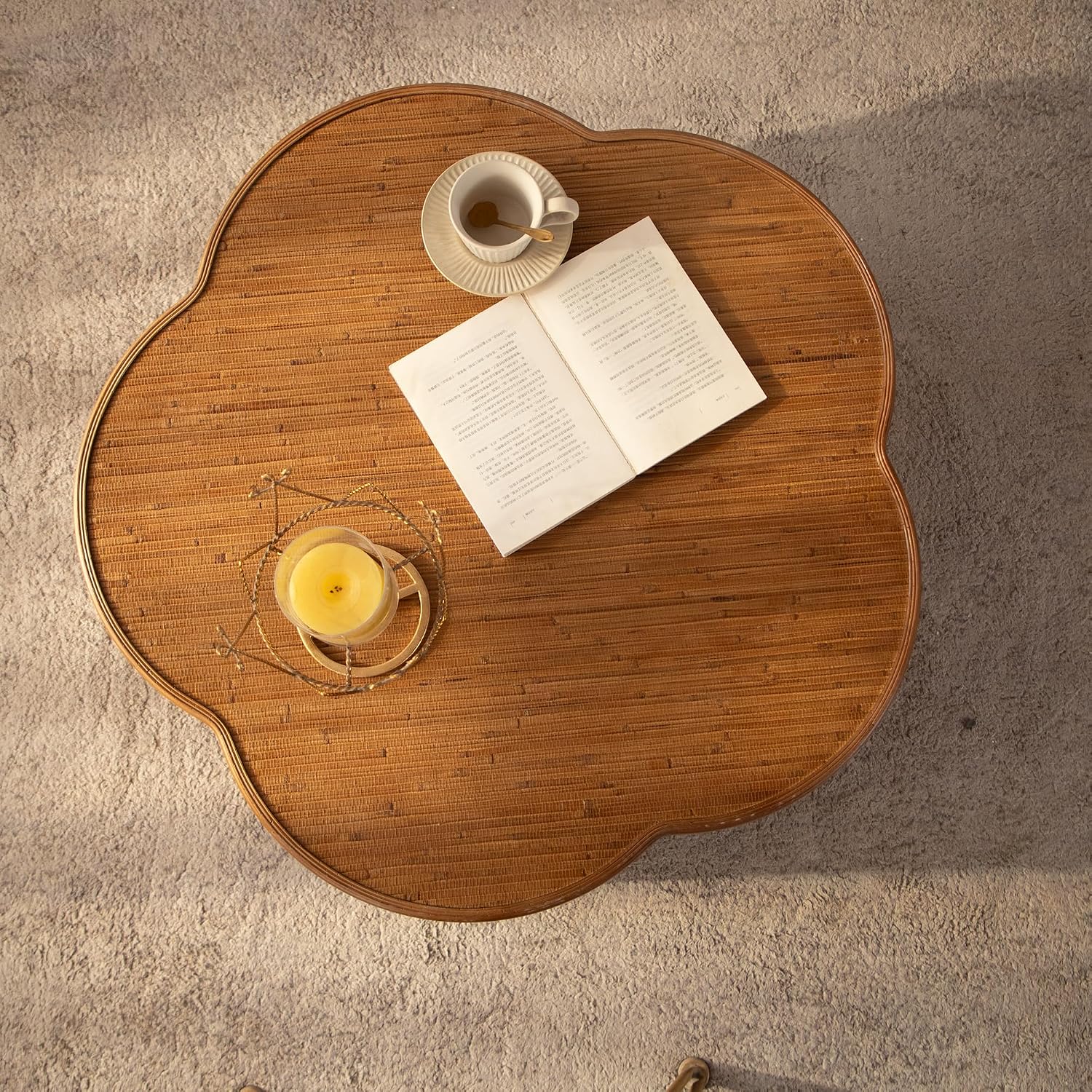 31.5'' Round Coffee Table with Lift-Off Lid Storage, Wood Circle Flower-Shaped Rattan Coffee Table for Living Room, Modern Boho Countryside Farmhouse Style, No Assembly, Natural