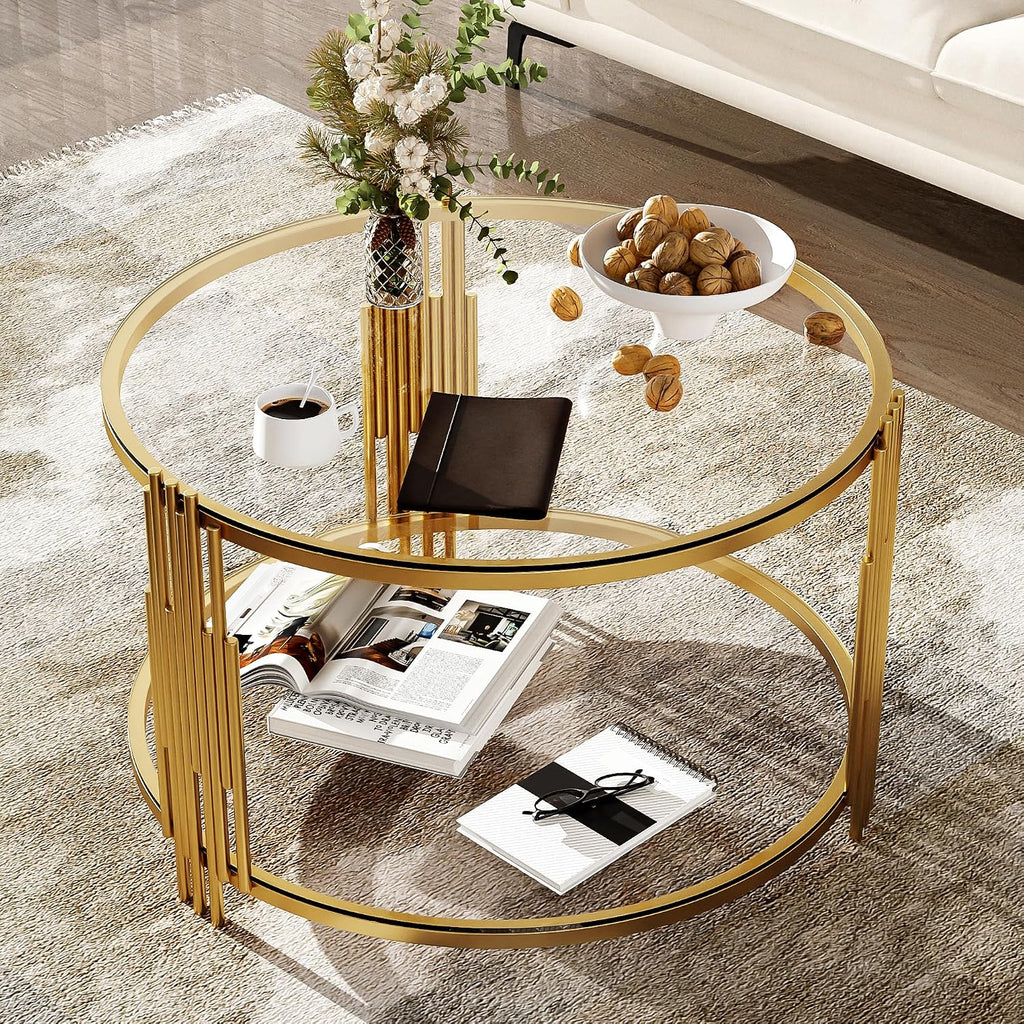 Round Glass Coffee Tables for Living Room, 2-Tier Circle Coffee Table with Metal Drum Base, 31.5' Modern Center Accent Table for Small Space, Bedroom