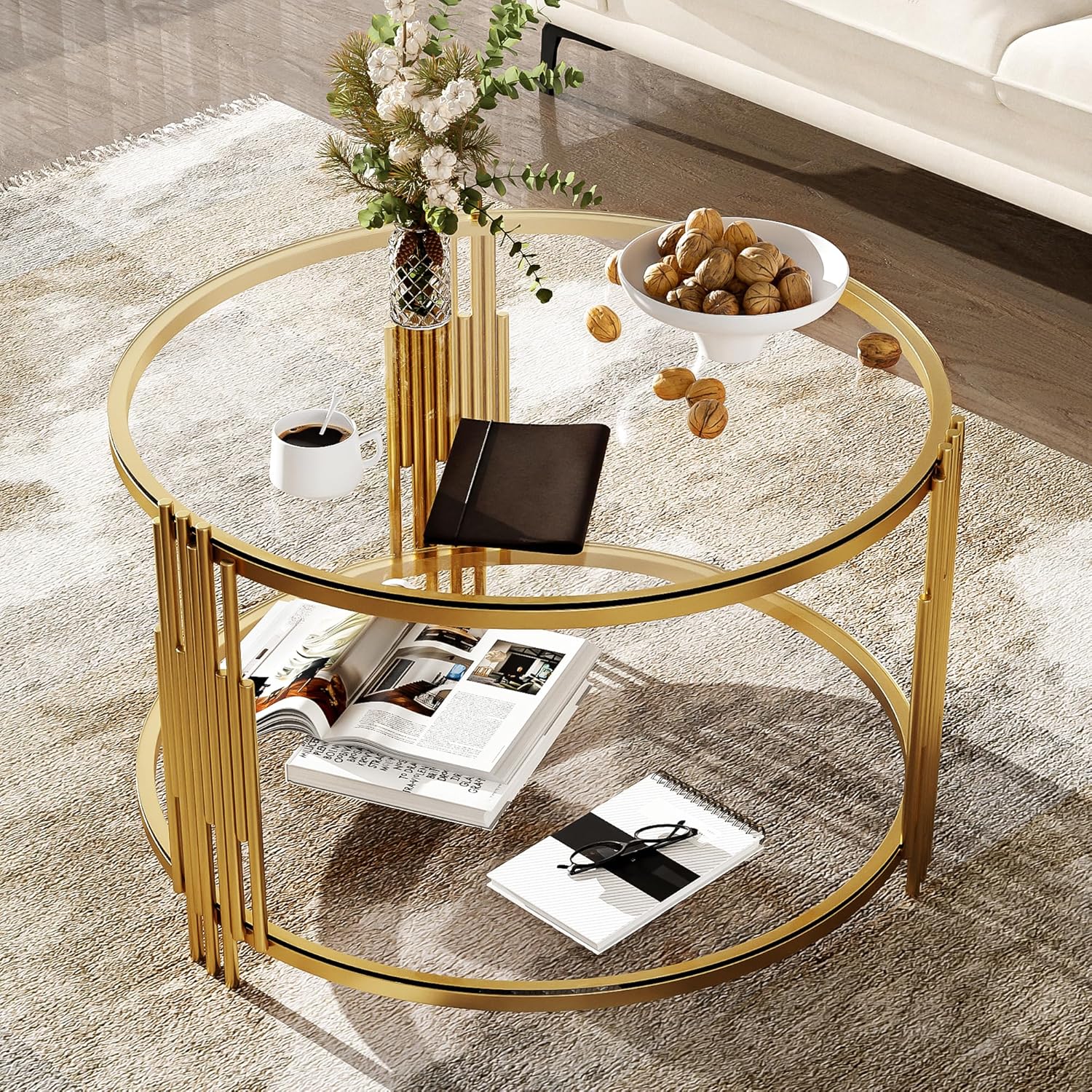 Circle Coffee Table, Tempered Glass Center Table with Asymmetrical Gold Frame and Storage Shelf, for Living Room Home Office Decor, Transparent