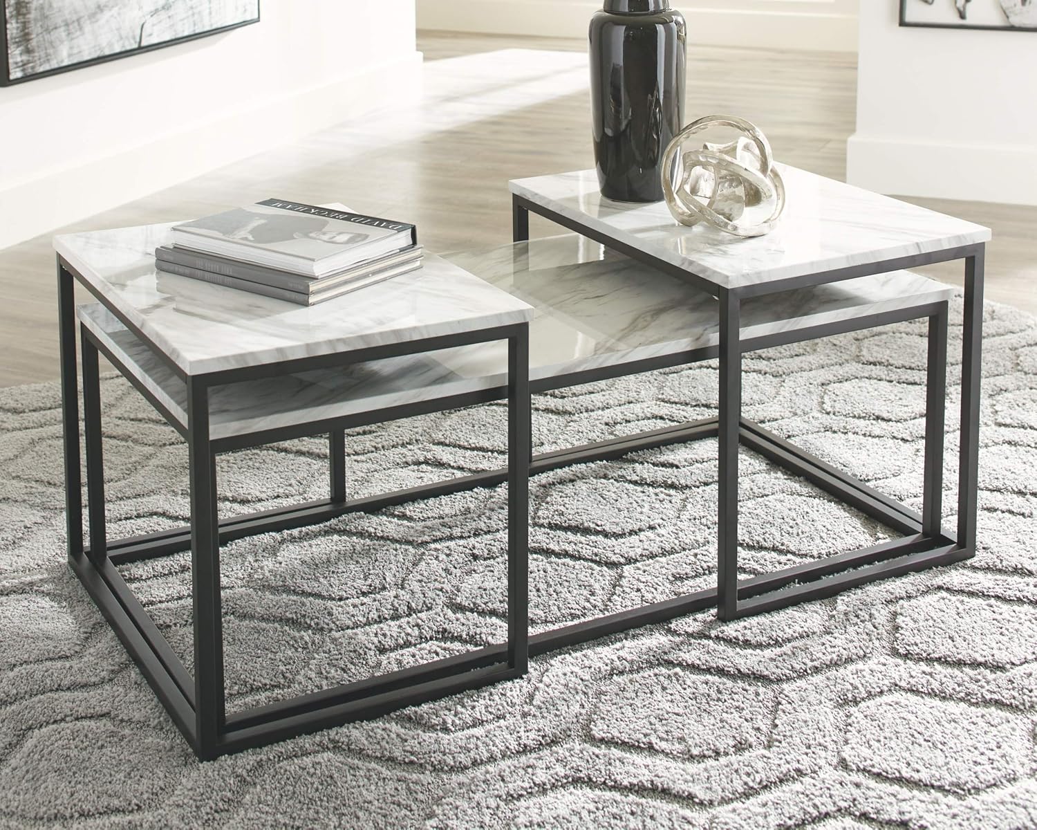 Signature Design by Ashley Donnesta Contemporary 3-Piece Table Set, Includes Coffee Table and 2 End Tables , Black & White