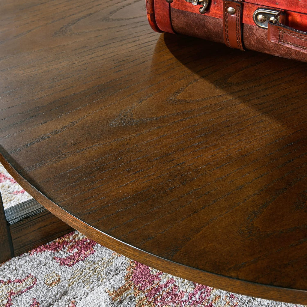 PADMA HOUSE 33.5' Round Wood Coffee Table, 2-Tier Solid Wood Rounded Circle Accent Coffee Table Center Cocktail Table Vintage Furniture for Home Living Room Bedroom,Espresso Brown 3338NC