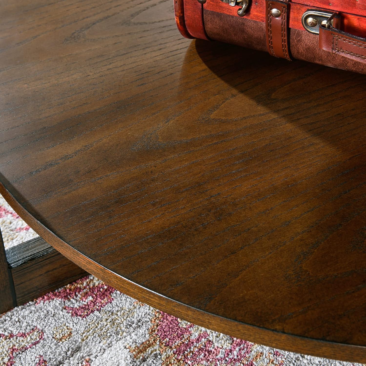 PADMA HOUSE 33.5' Round Wood Coffee Table, 2-Tier Solid Wood Rounded Circle Accent Coffee Table Center Cocktail Table Vintage Furniture for Home Living Room Bedroom,Espresso Brown 3338NC