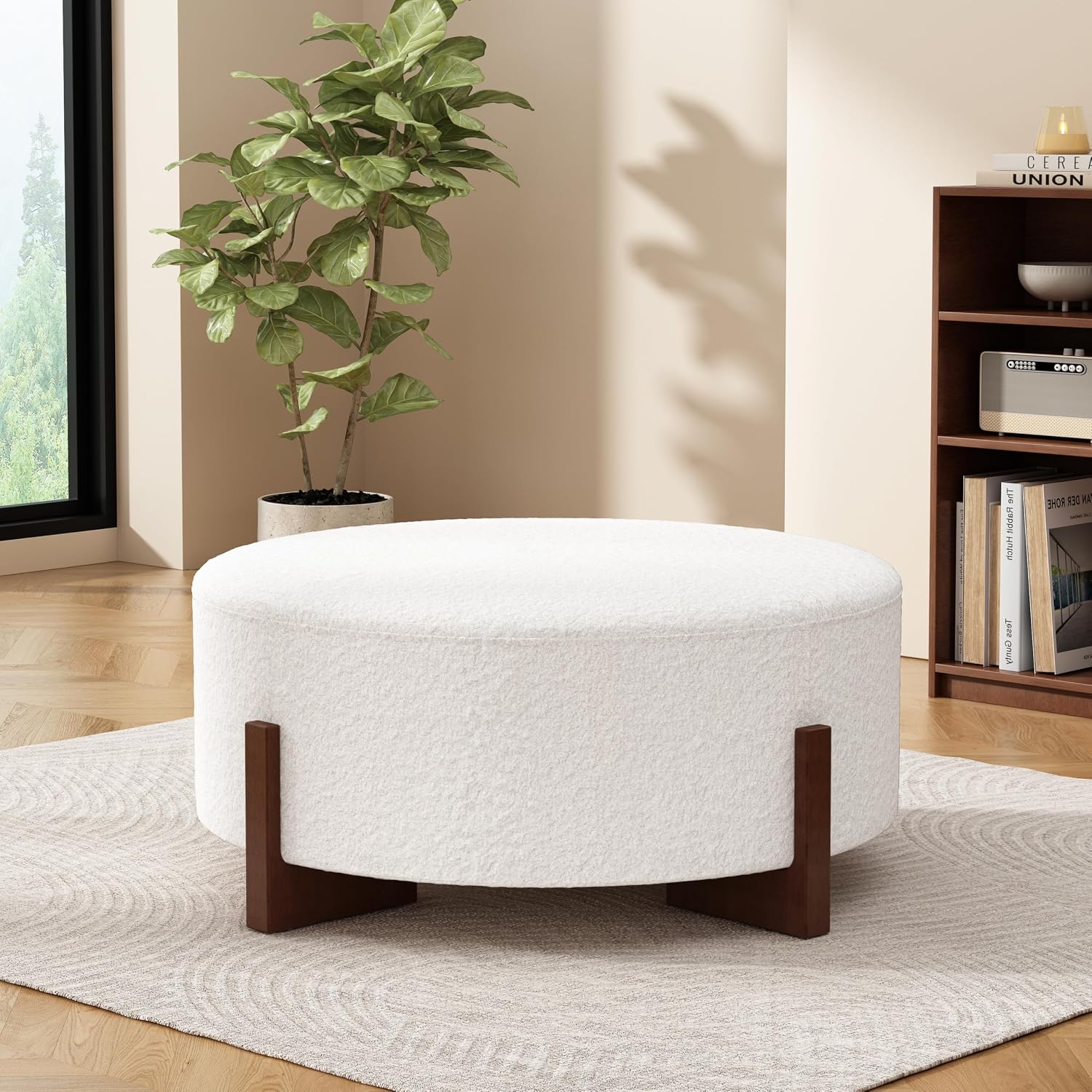 Christopher Knight Home Holmes Modern Boulce Upholstered Ottoman Coffee Table, Wooden Round Cocktail Ottoman, Large Living Room Sofa Footstool/Footrest, White+Walnut