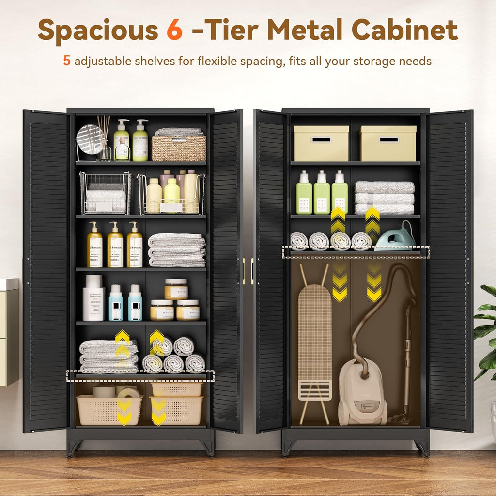 Polup 75' Metal Storage Cabinet with Doors and Shelves, Black Kitchen Pantry Cabinet, 6-Tier Freestanding Tall Storage Cabinet for Garage, Office, Bathroom, Laundry Room, Dining Room