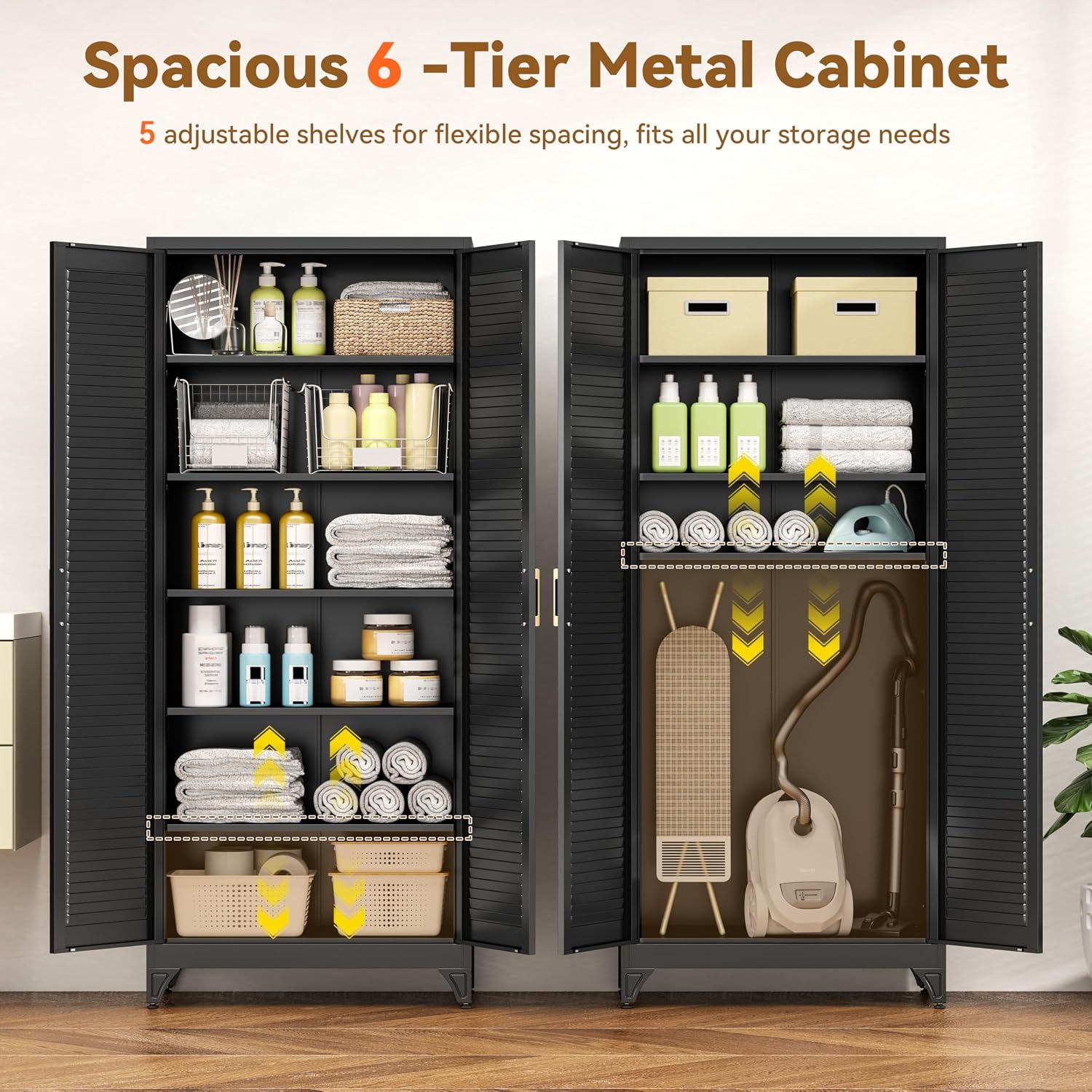 Polup 75' Metal Storage Cabinet with Doors and Shelves, Black Kitchen Pantry Cabinet, 6-Tier Freestanding Tall Storage Cabinet for Garage, Office, Bathroom, Laundry Room, Dining Room