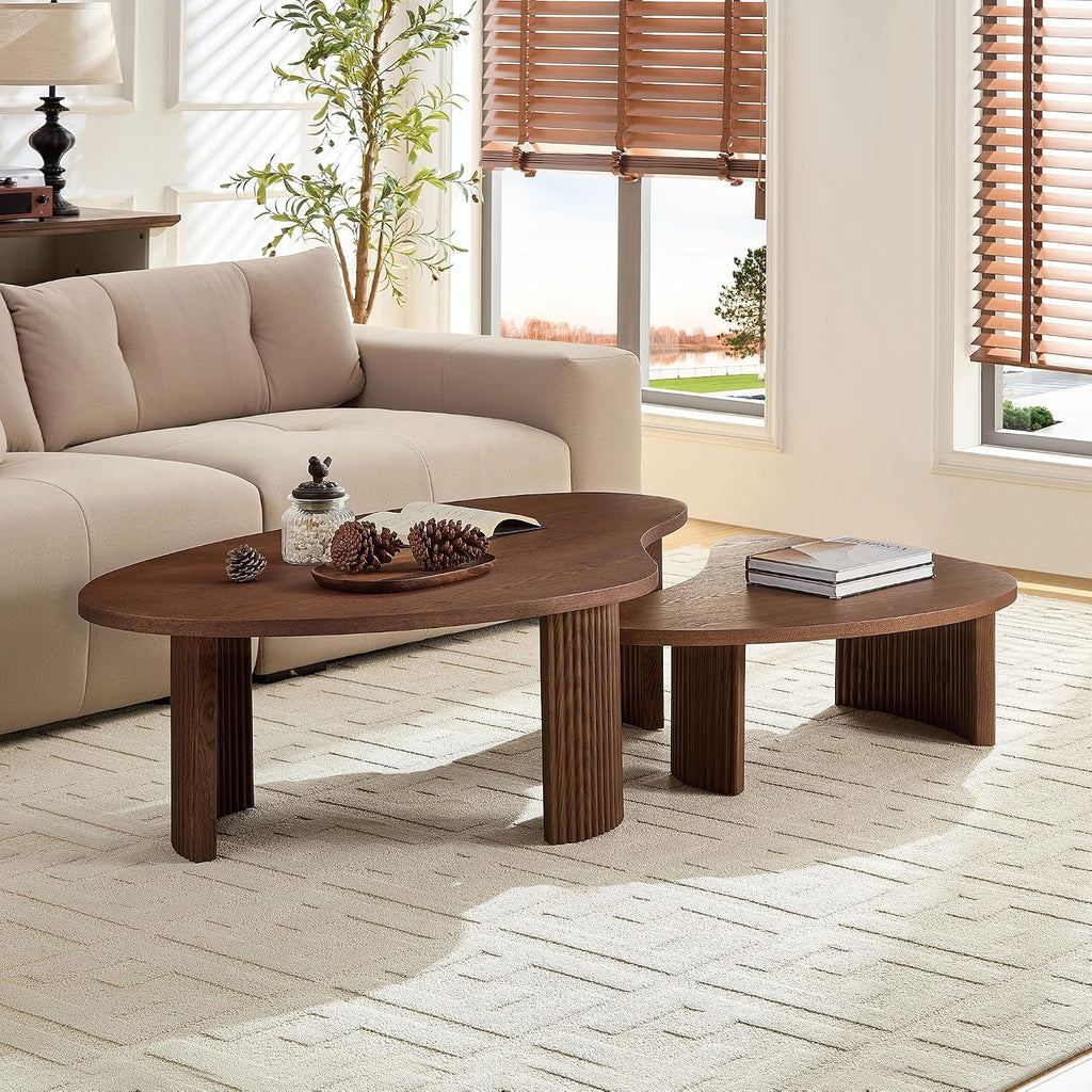 Nesting Coffee Table Set of 2, Modern Irregular Nesting Tables Wooden Center Circle Accent Tea End Side with Fluted Legs for Living Room, Apartment, Office 49.41' W Walnut