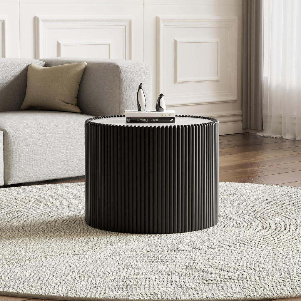 Modern Round Coffee Table Set of 2 Luxury Sintered Stone Top Coffee End Table in White/Black Leatherette Drum-Shape Small Coffee Side End Tables for Living Room,Fully Assembled