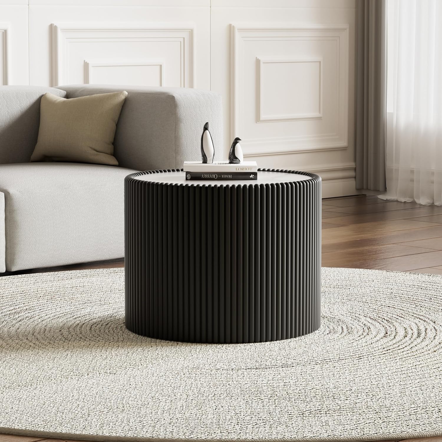 Modern Round Coffee Table Set of 2 Luxury Sintered Stone Top Coffee End Table in White/Black Leatherette Drum-Shape Small Coffee Side End Tables for Living Room,Fully Assembled