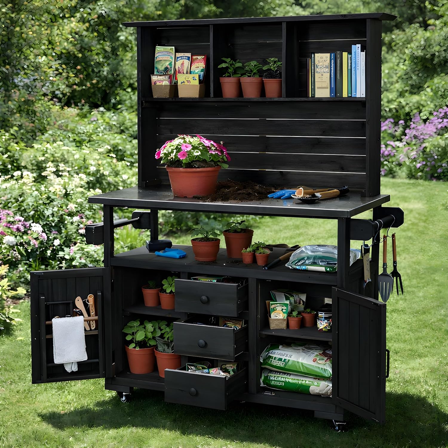 Merax 65''H Large Garden Storage Potting Bench with Lockable Wheels, Wood Outdoor Kitchen Island with Stainless Steel top, Drawers, Door Shelves and Hutch for Grilling, Black