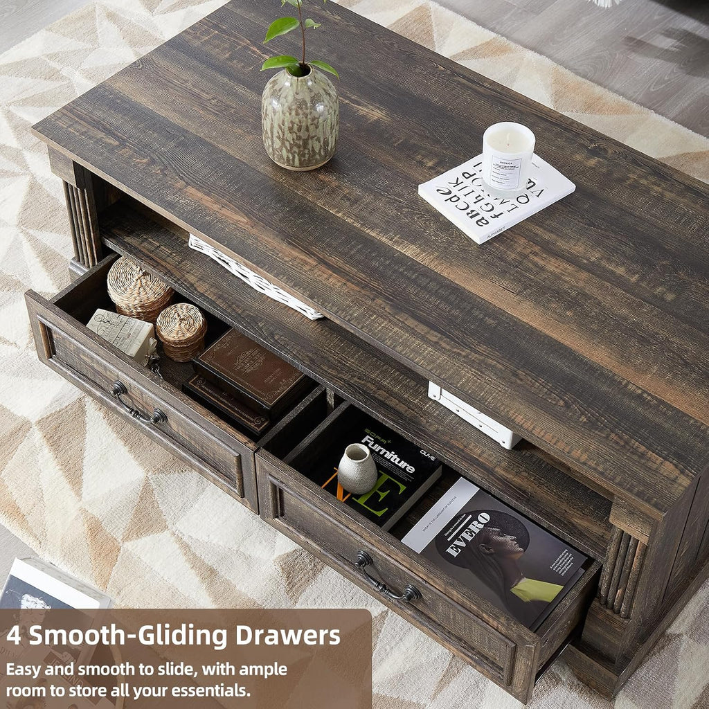 48'' Wood Coffee Table for Living Room, Farmhouse Coffee Table with Storage, Rustic Center Table for Living Room with 4 Drawers, Farmhouse & Industrial Cocktail Table for Home (Dark Rustic Oak)