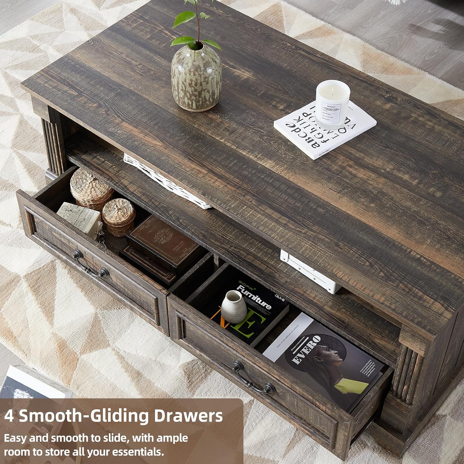 48'' Wood Coffee Table for Living Room, Farmhouse Coffee Table with Storage, Rustic Center Table for Living Room with 4 Drawers, Farmhouse & Industrial Cocktail Table for Home (Dark Rustic Oak)